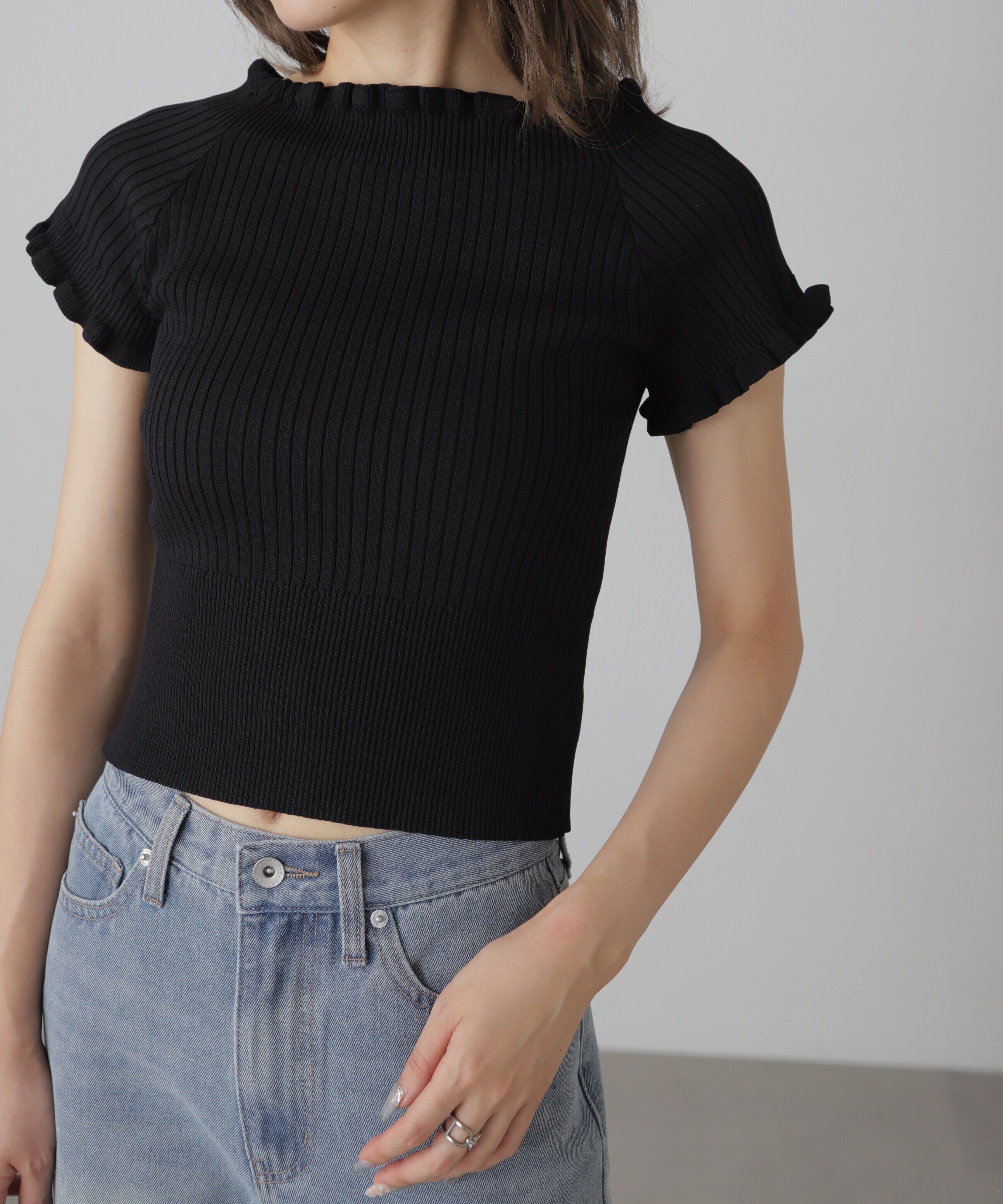  「2wayオフショルフリルリブ半袖ニット」|ニット・セーター|