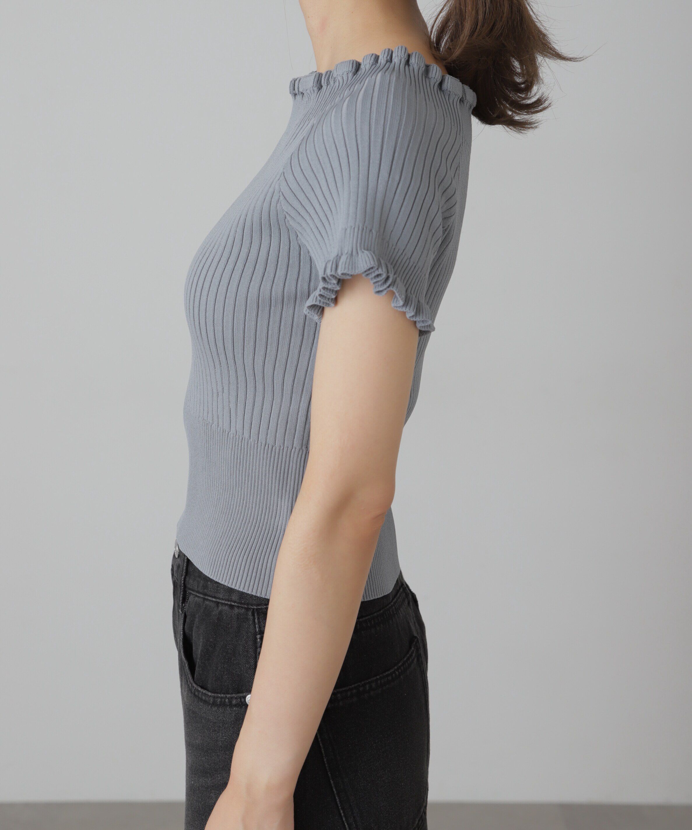  「2wayオフショルフリルリブ半袖ニット」|ニット・セーター|