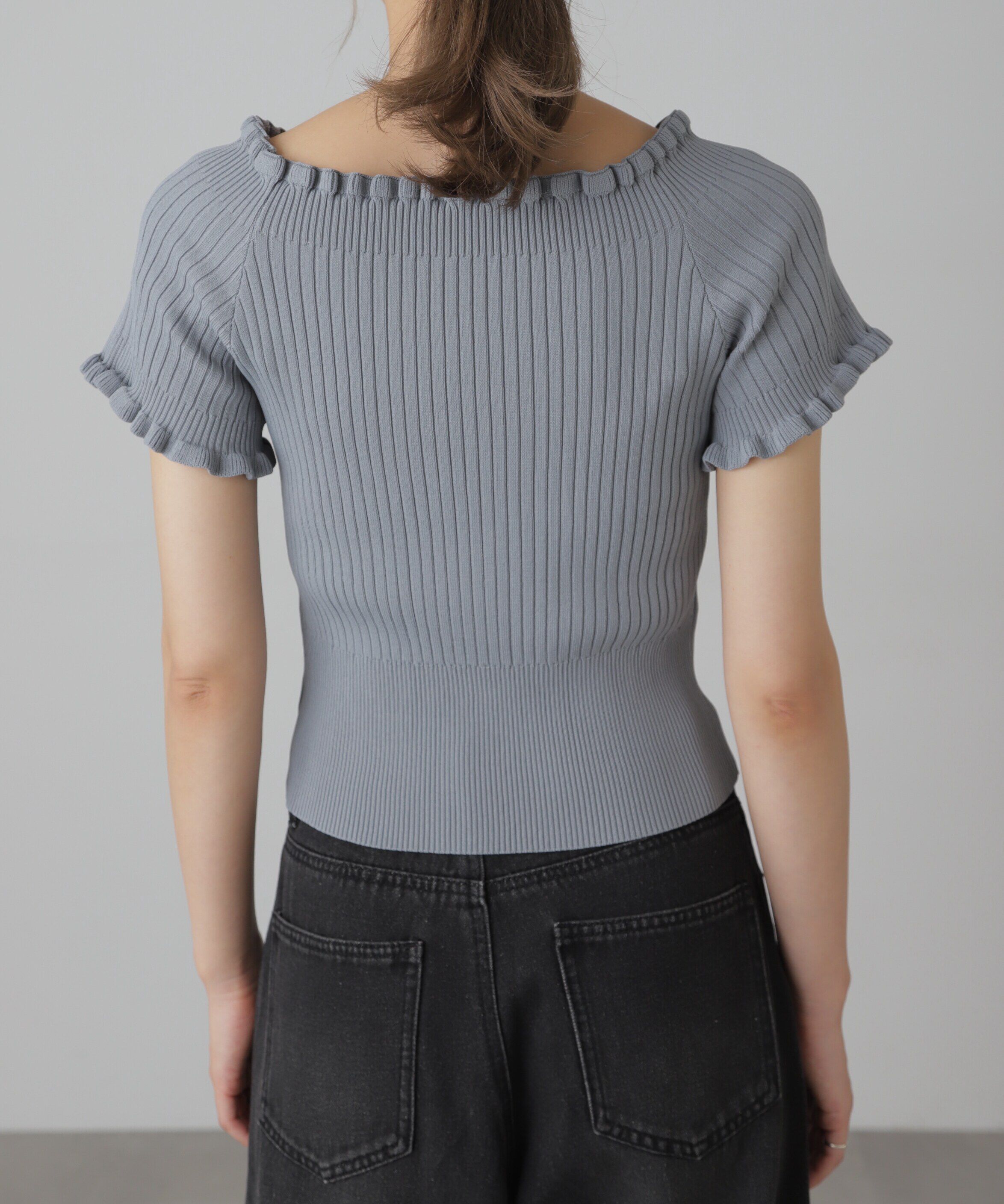  「2wayオフショルフリルリブ半袖ニット」|ニット・セーター|