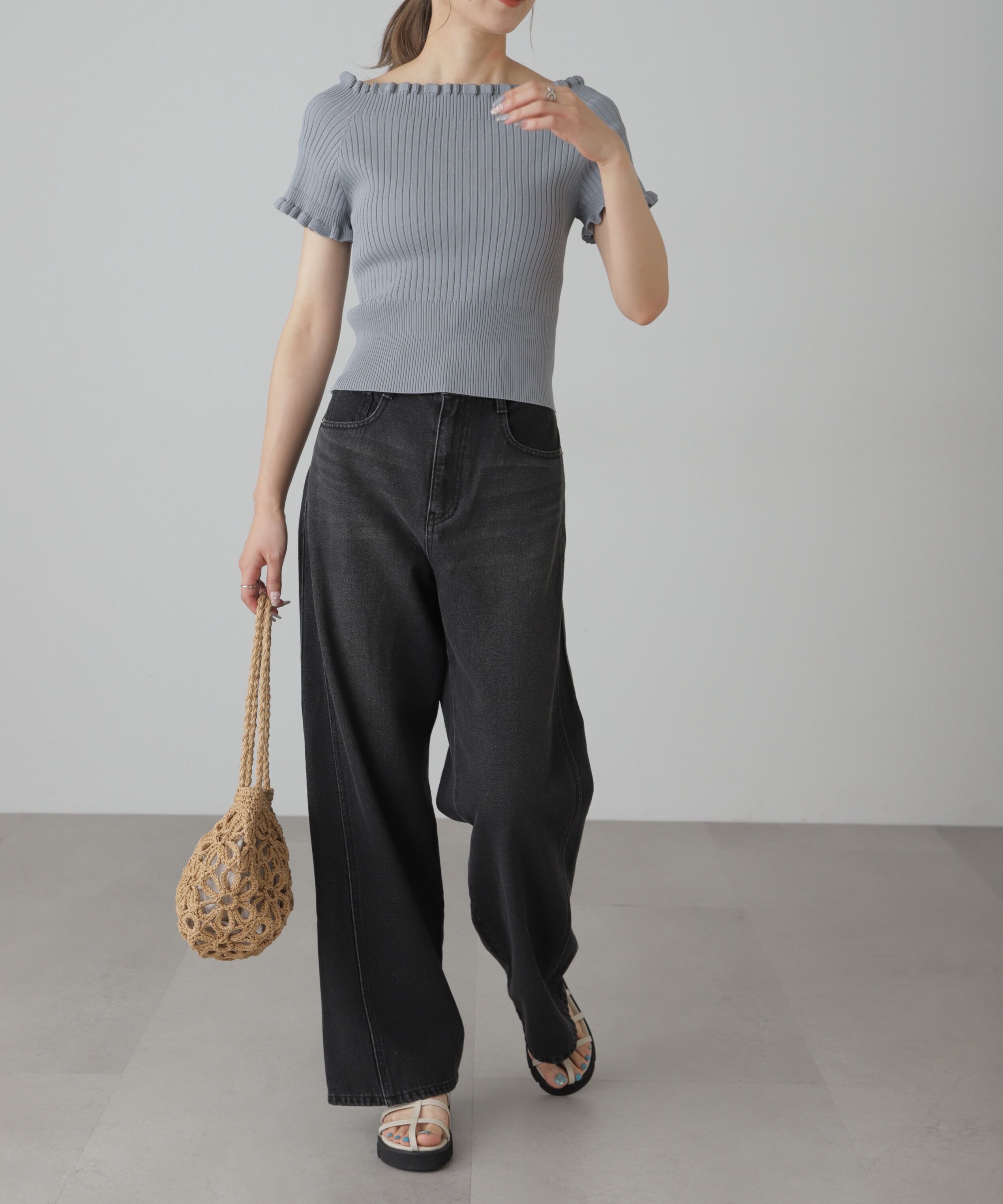  「2wayオフショルフリルリブ半袖ニット」|ニット・セーター|