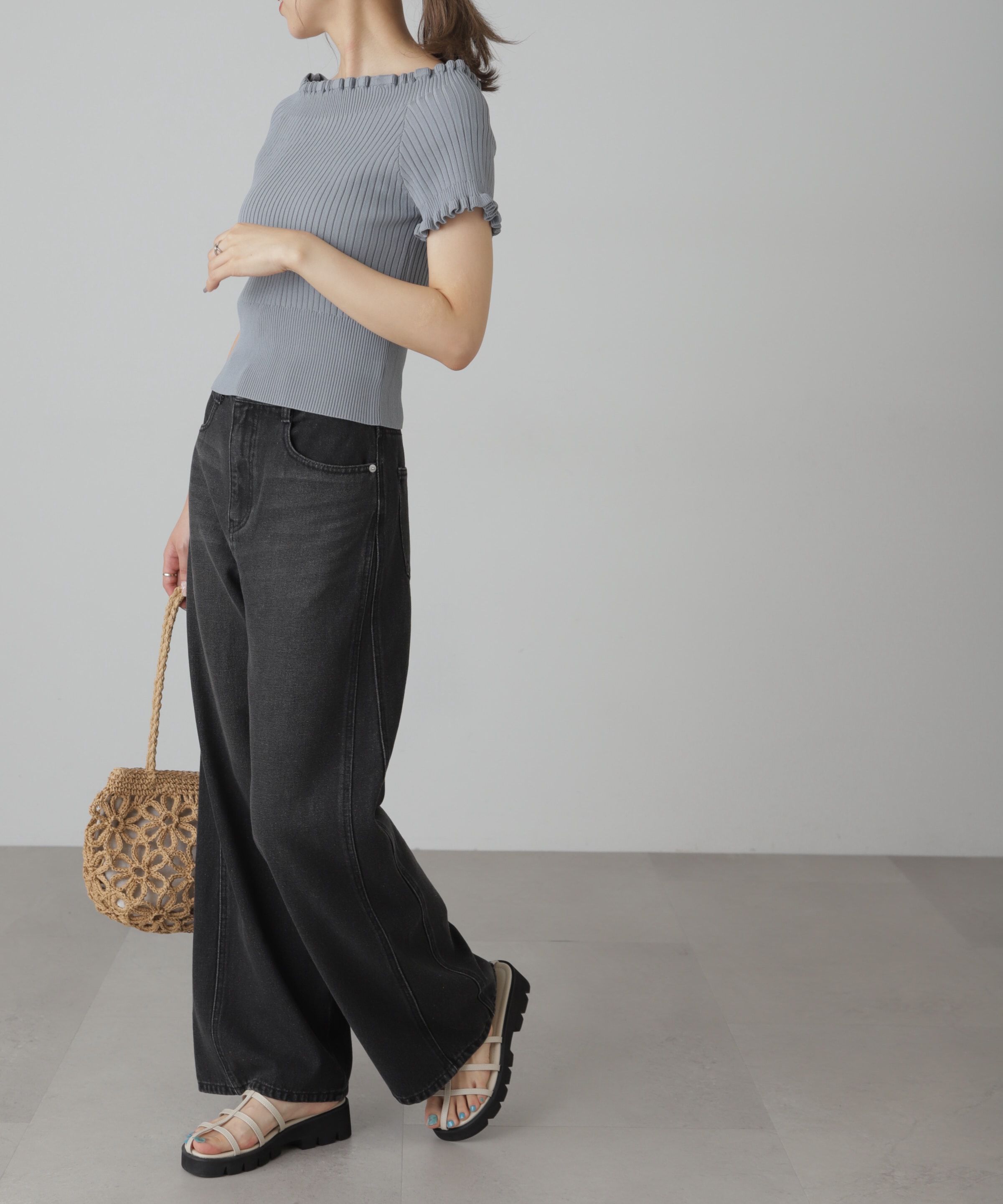  「2wayオフショルフリルリブ半袖ニット」|ニット・セーター|