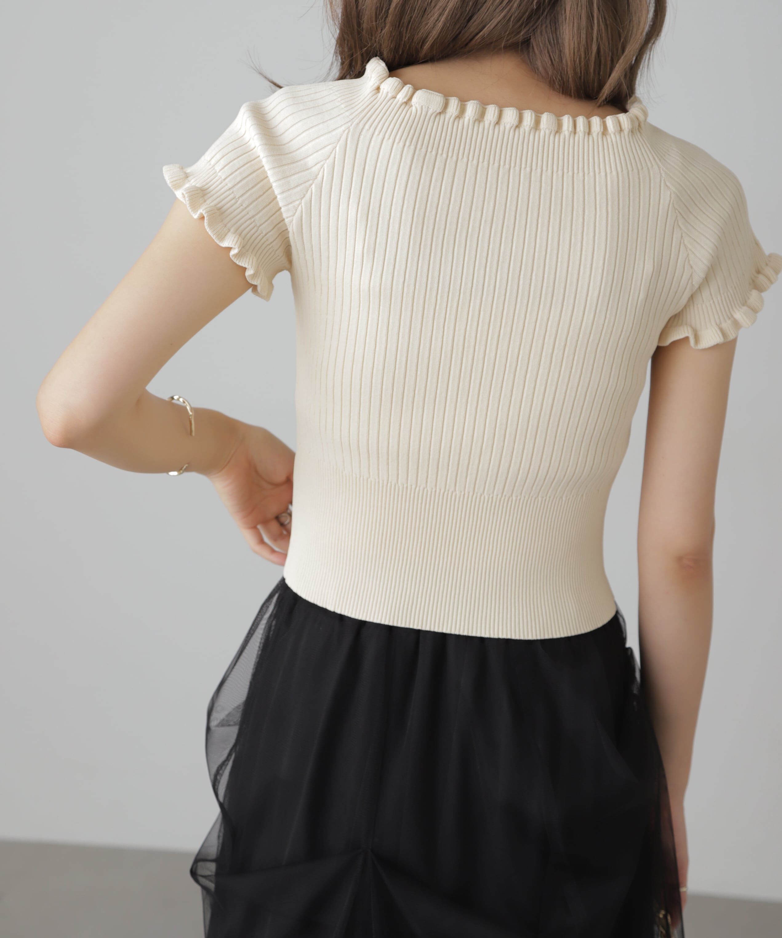  「2wayオフショルフリルリブ半袖ニット」|ニット・セーター|