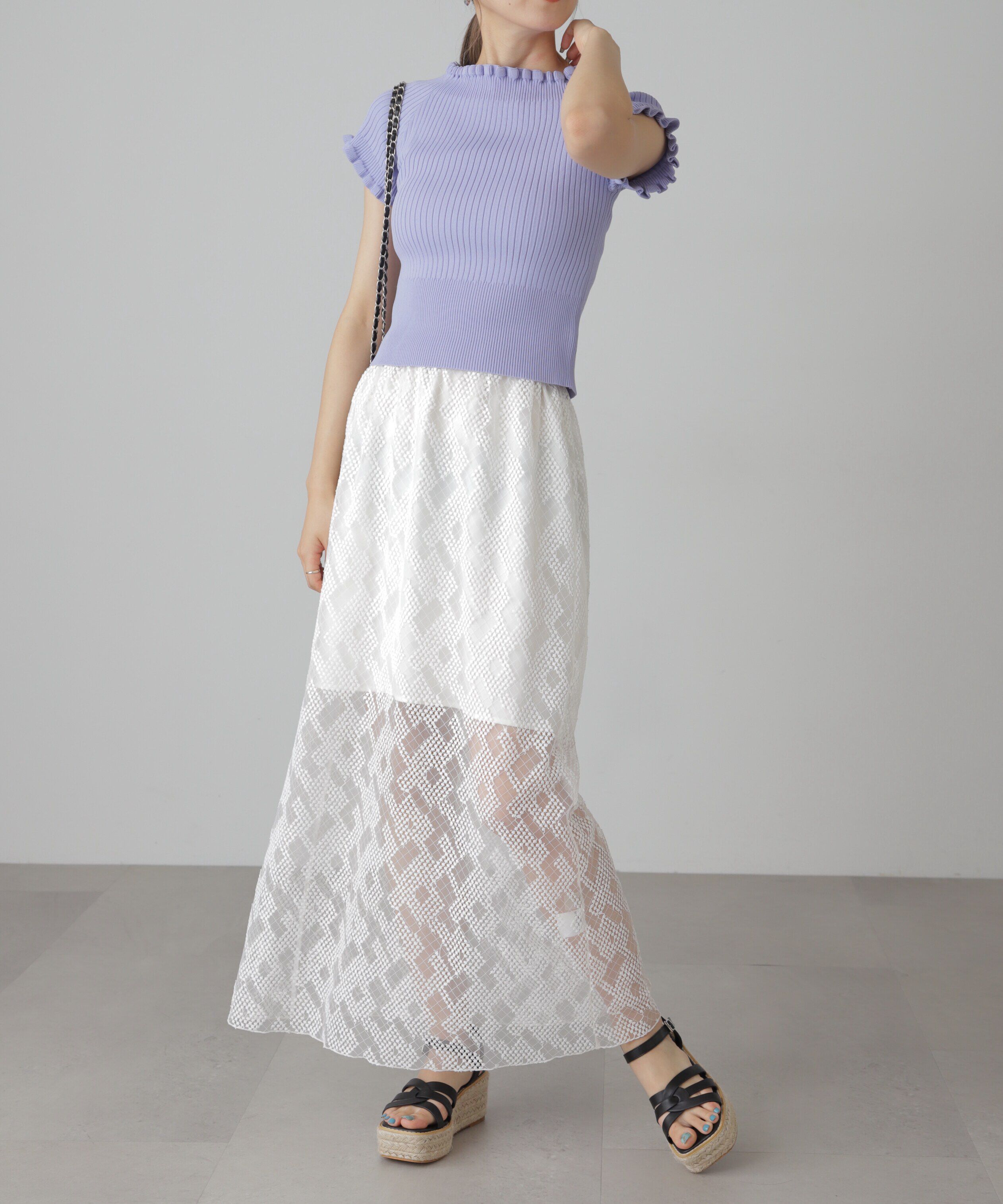  「2wayオフショルフリルリブ半袖ニット」|ニット・セーター|