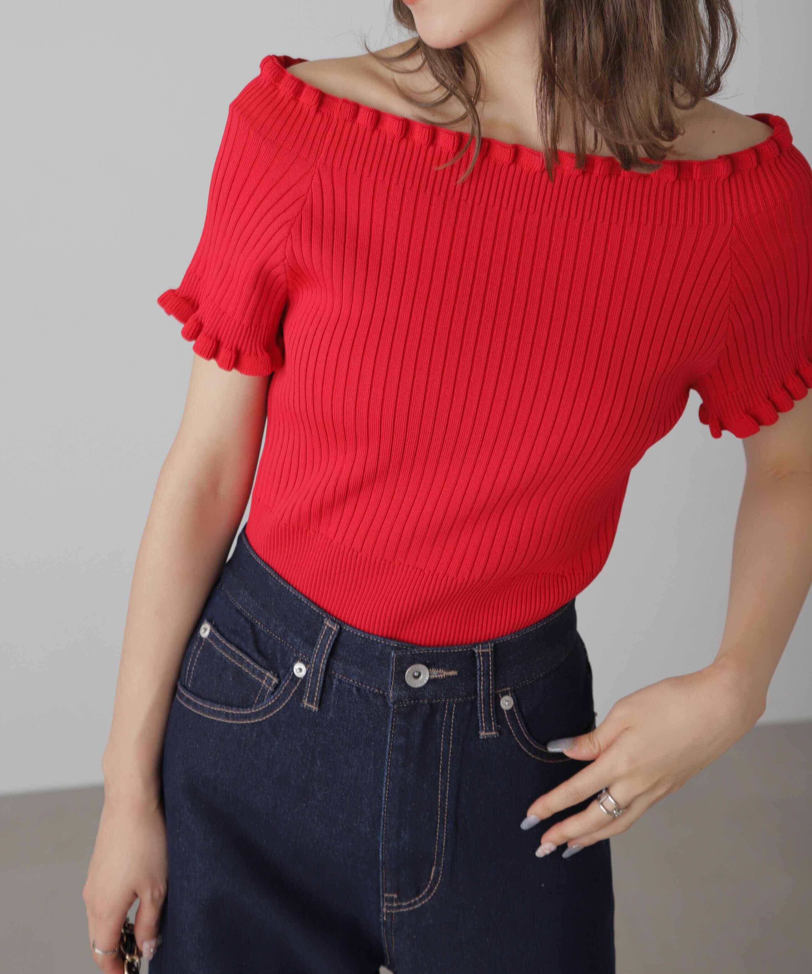  「2wayオフショルフリルリブ半袖ニット」|ニット・セーター|レッド