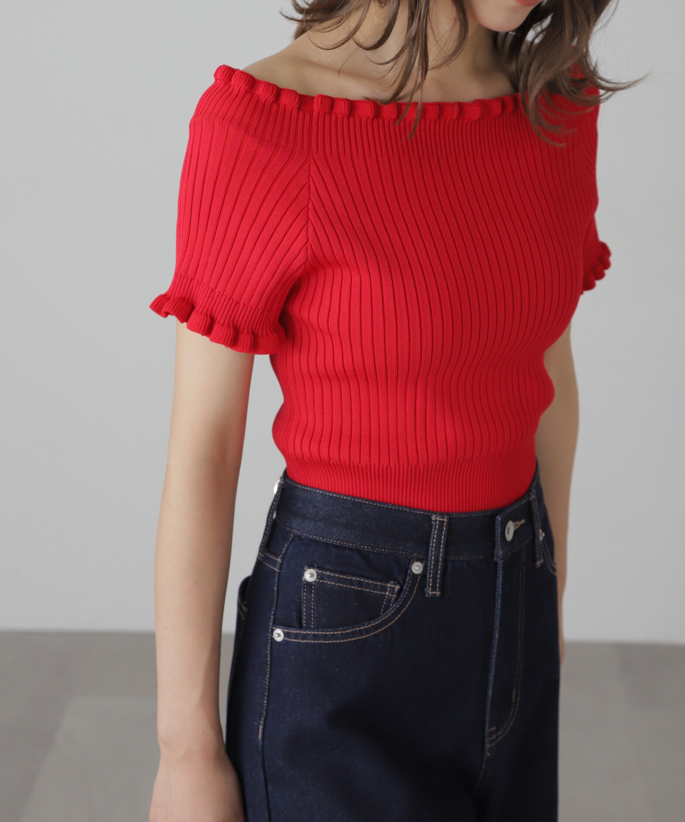  「2wayオフショルフリルリブ半袖ニット」|ニット・セーター|