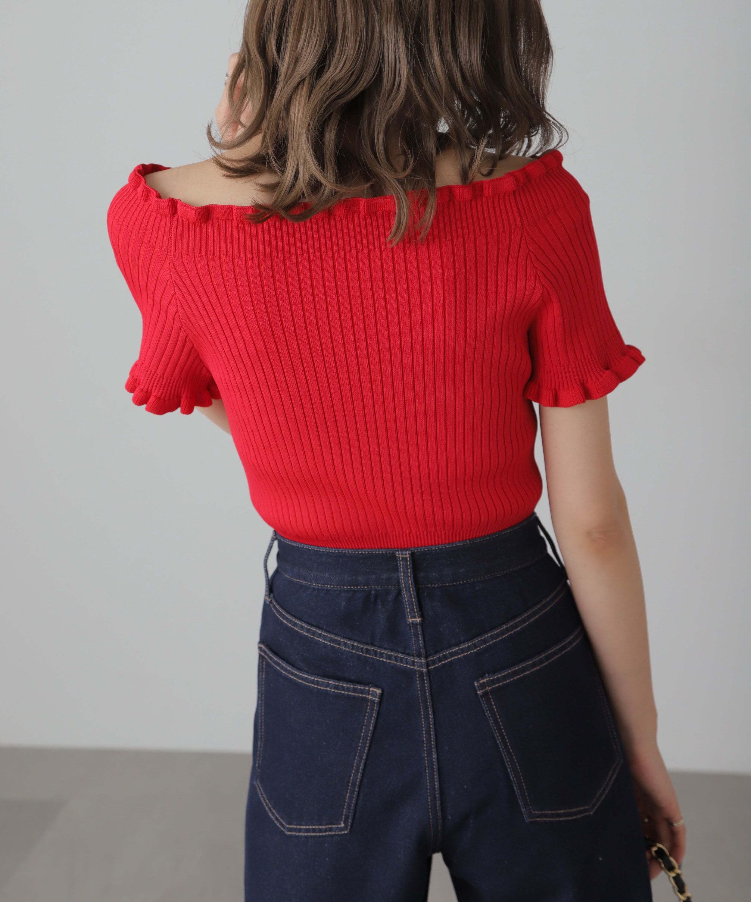  「2wayオフショルフリルリブ半袖ニット」|ニット・セーター|