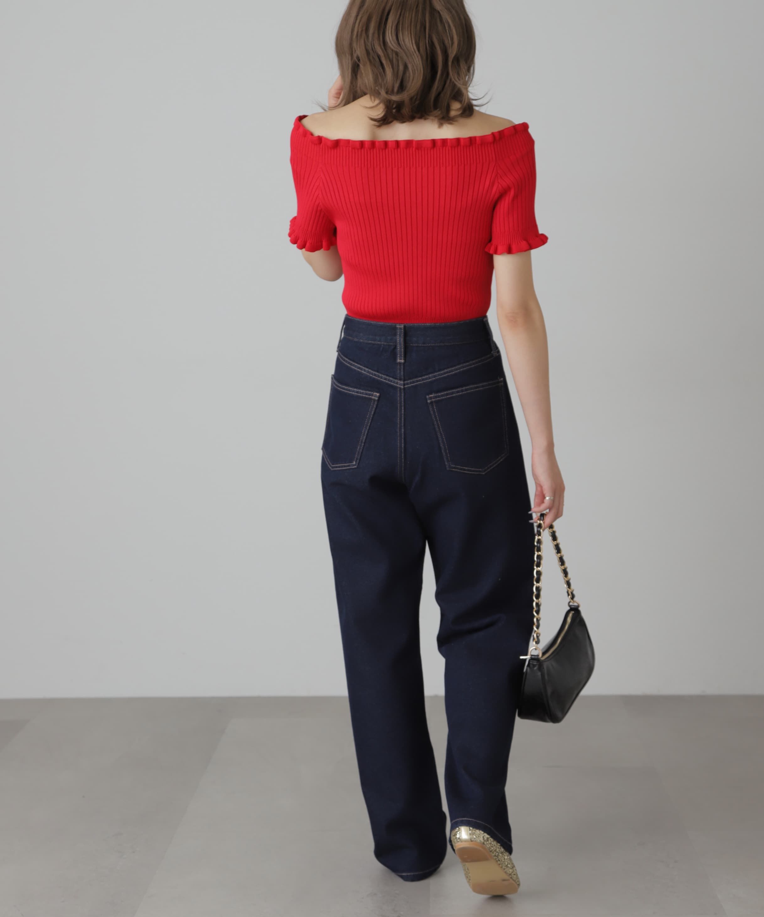  「2wayオフショルフリルリブ半袖ニット」|ニット・セーター|