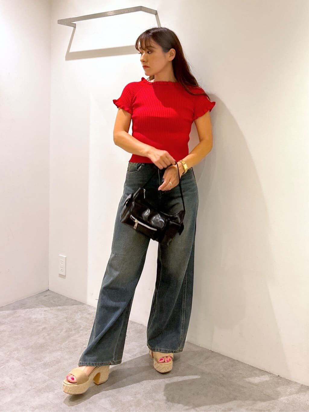  「2wayオフショルフリルリブ半袖ニット」|ニット・セーター|