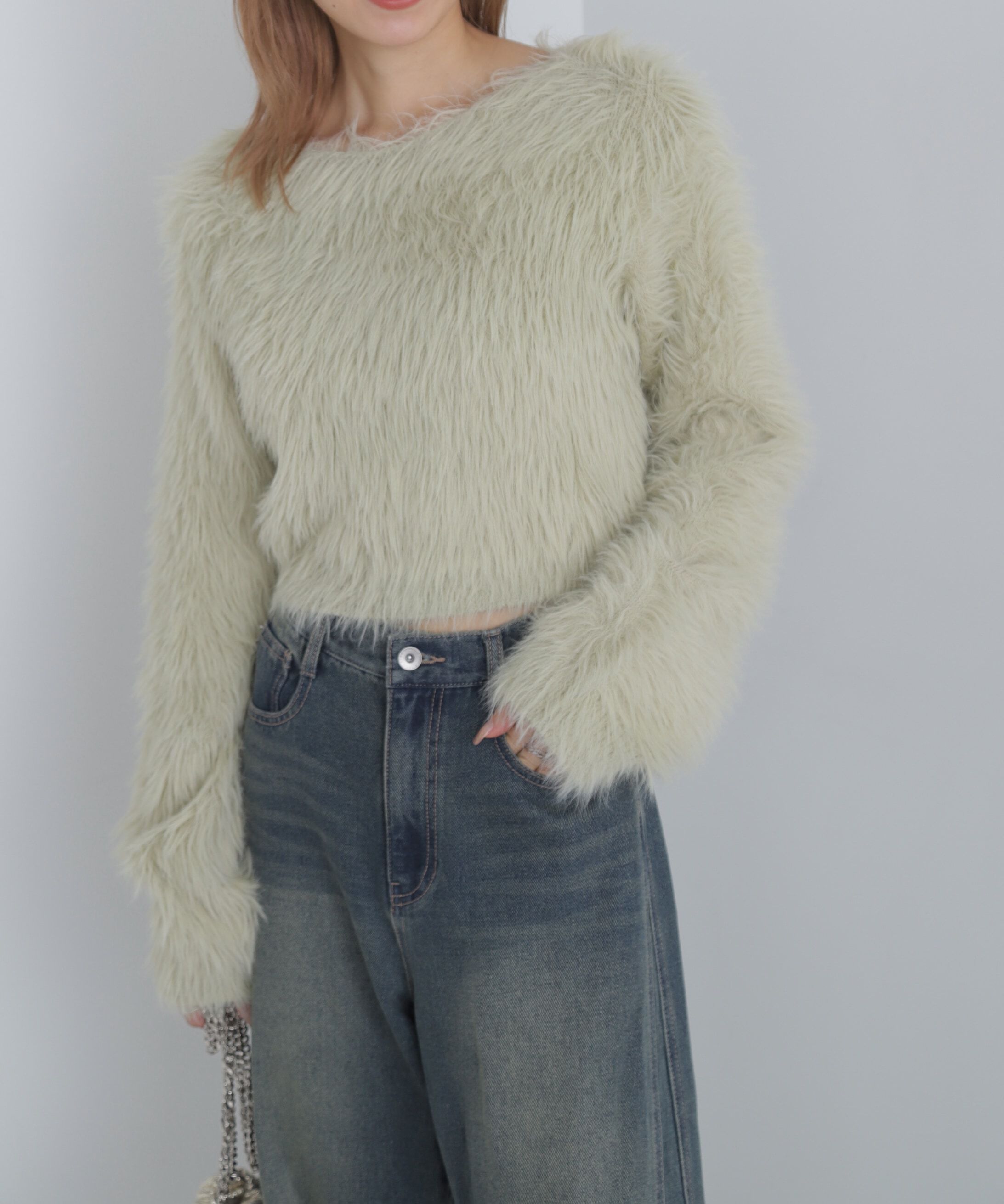  「ショート丈ロングシャギーニット」|ニット・セーター|ベージュ