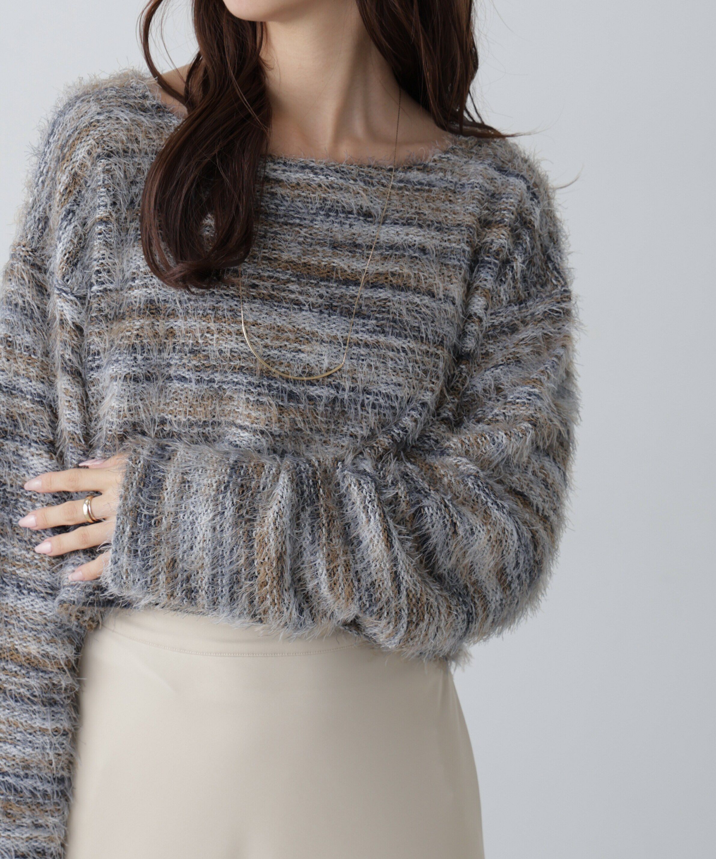  「シャギーグラデーションボーダーニット」|ニット・セーター|グレー