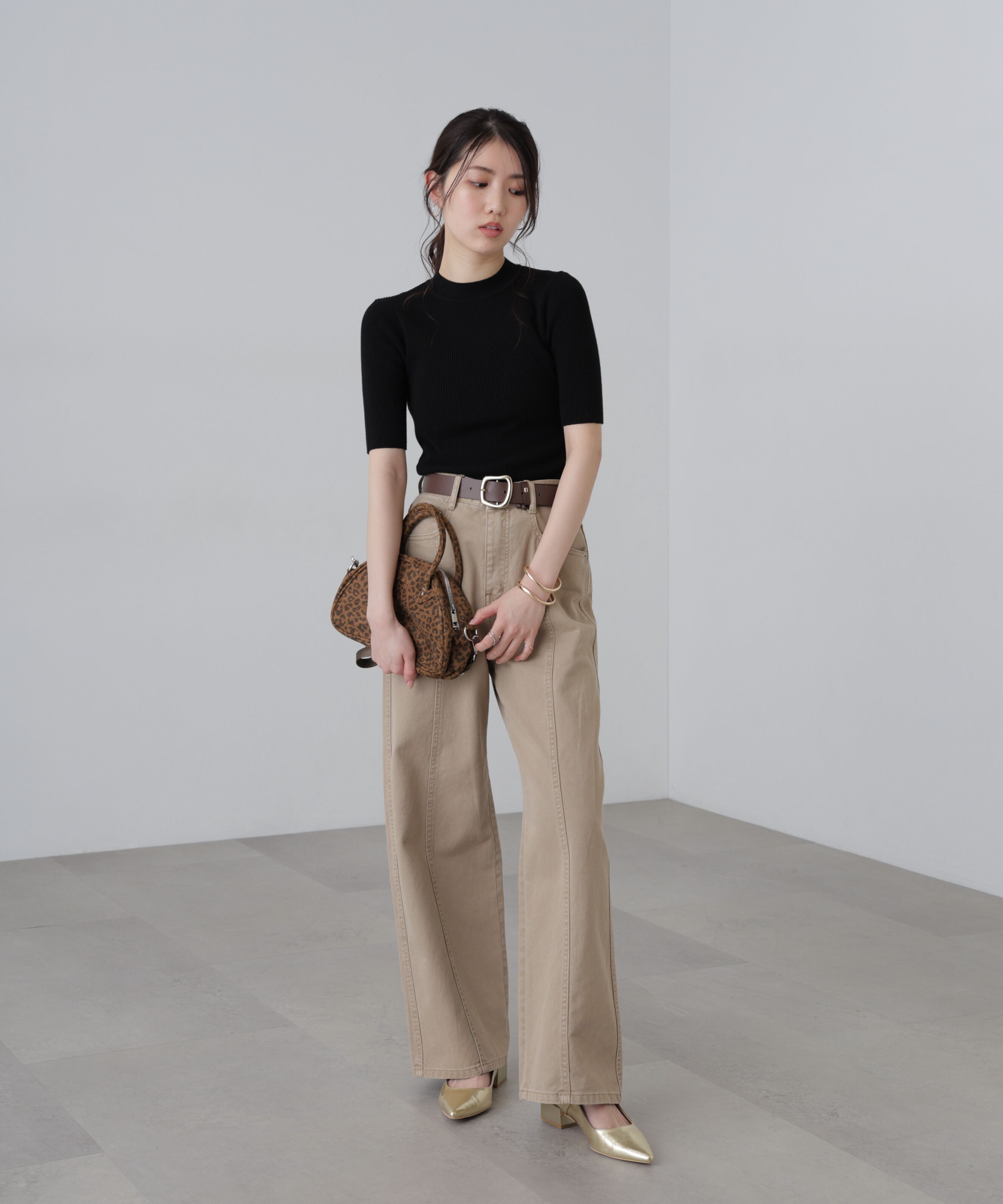  「〈洗える〉マシンウォッシャブルリブハイネック5分袖ニット」|ニット・セーター|