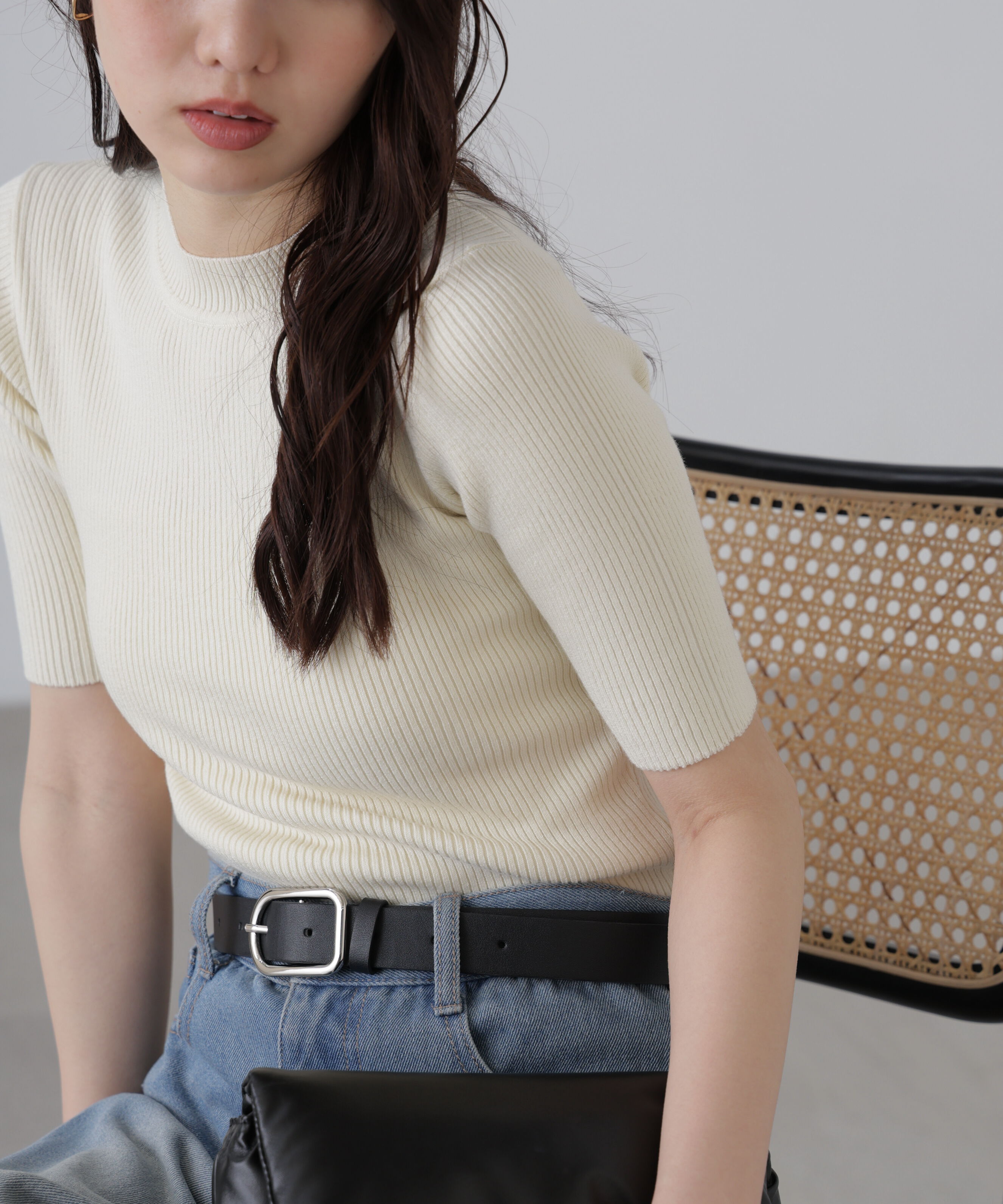  「〈洗える〉マシンウォッシャブルリブハイネック5分袖ニット」|ニット・セーター|オフホワイト