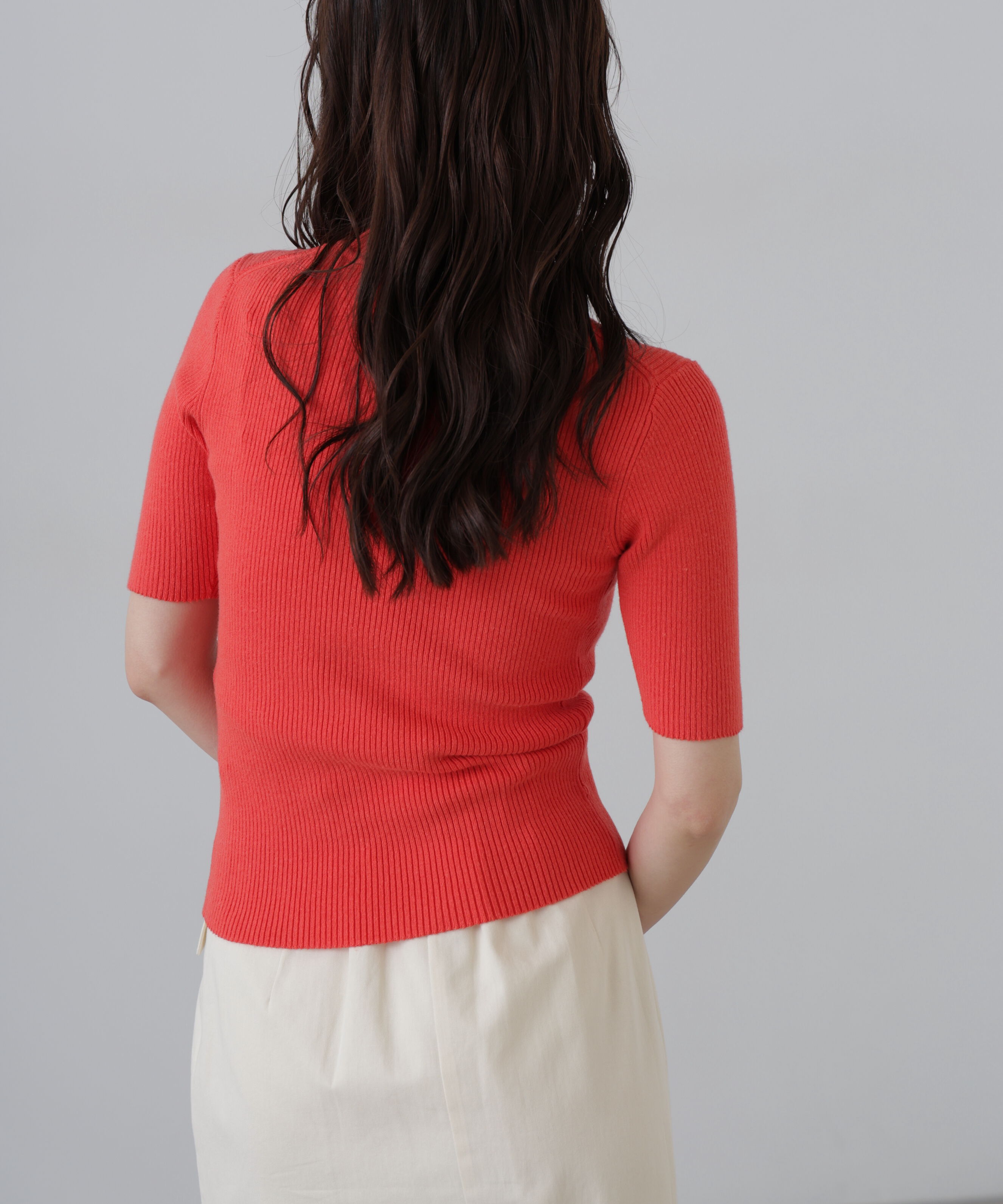  「〈洗える〉マシンウォッシャブルリブハイネック5分袖ニット」|ニット・セーター|