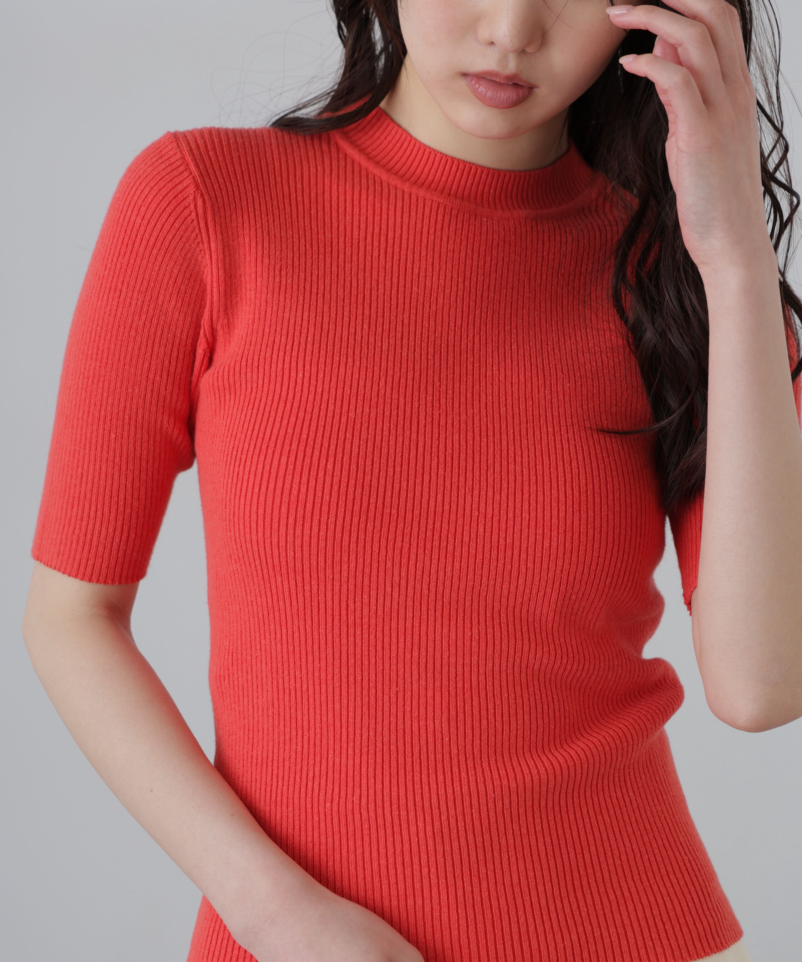  「〈洗える〉マシンウォッシャブルリブハイネック5分袖ニット」|ニット・セーター|