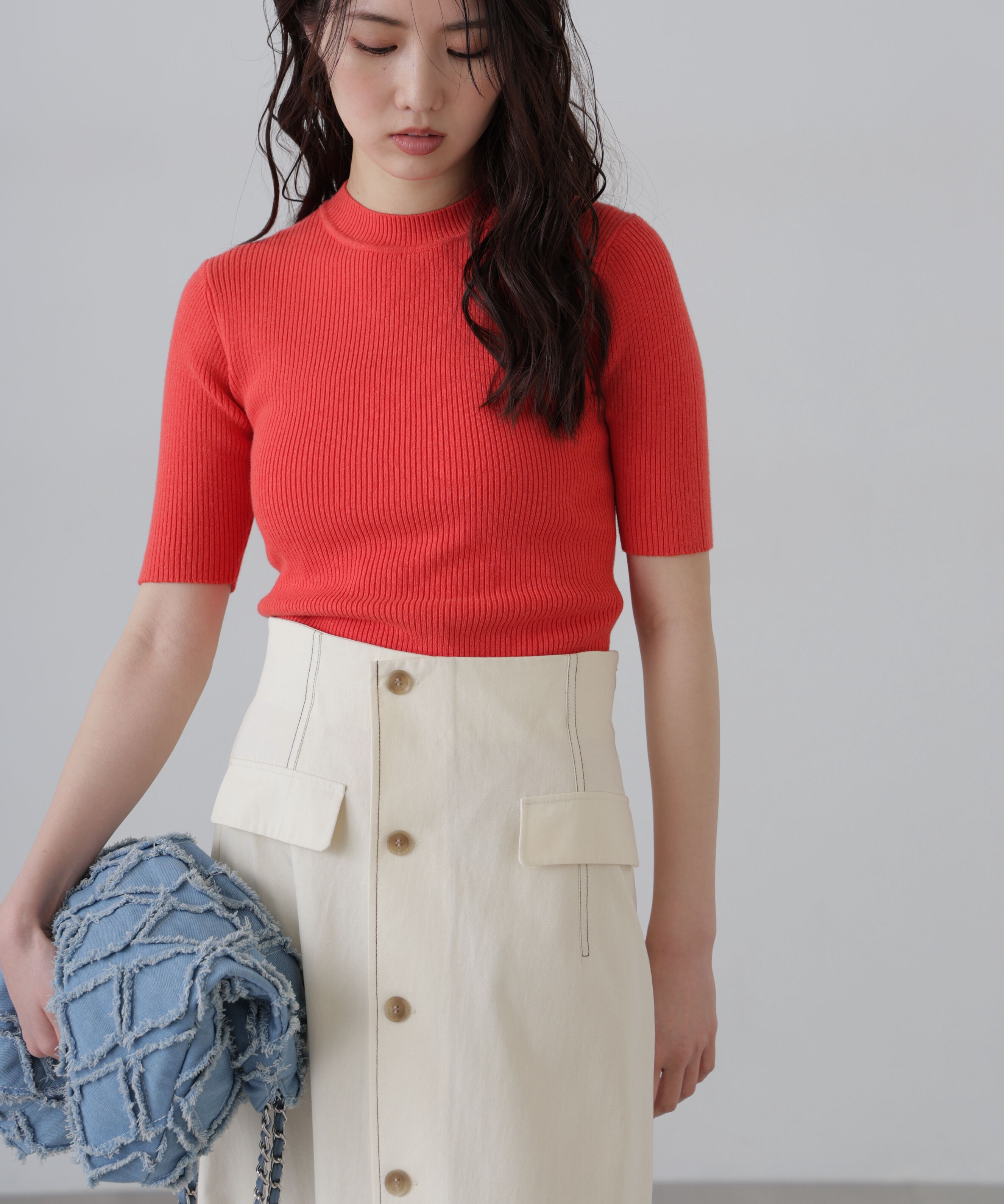  「〈洗える〉マシンウォッシャブルリブハイネック5分袖ニット」|ニット・セーター|