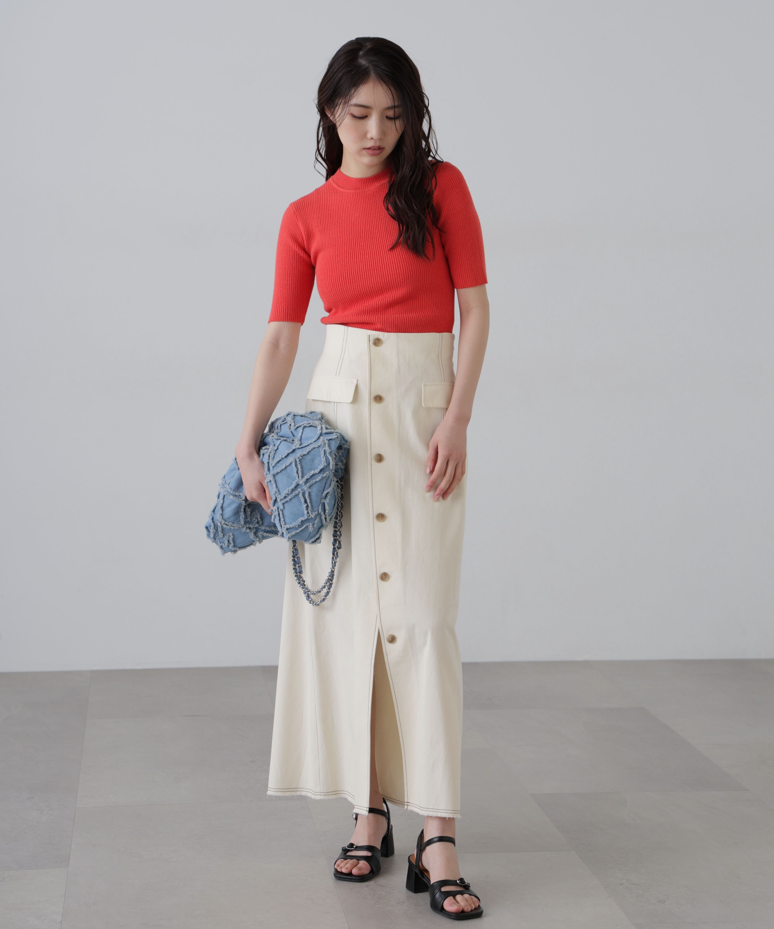  「〈洗える〉マシンウォッシャブルリブハイネック5分袖ニット」|ニット・セーター|