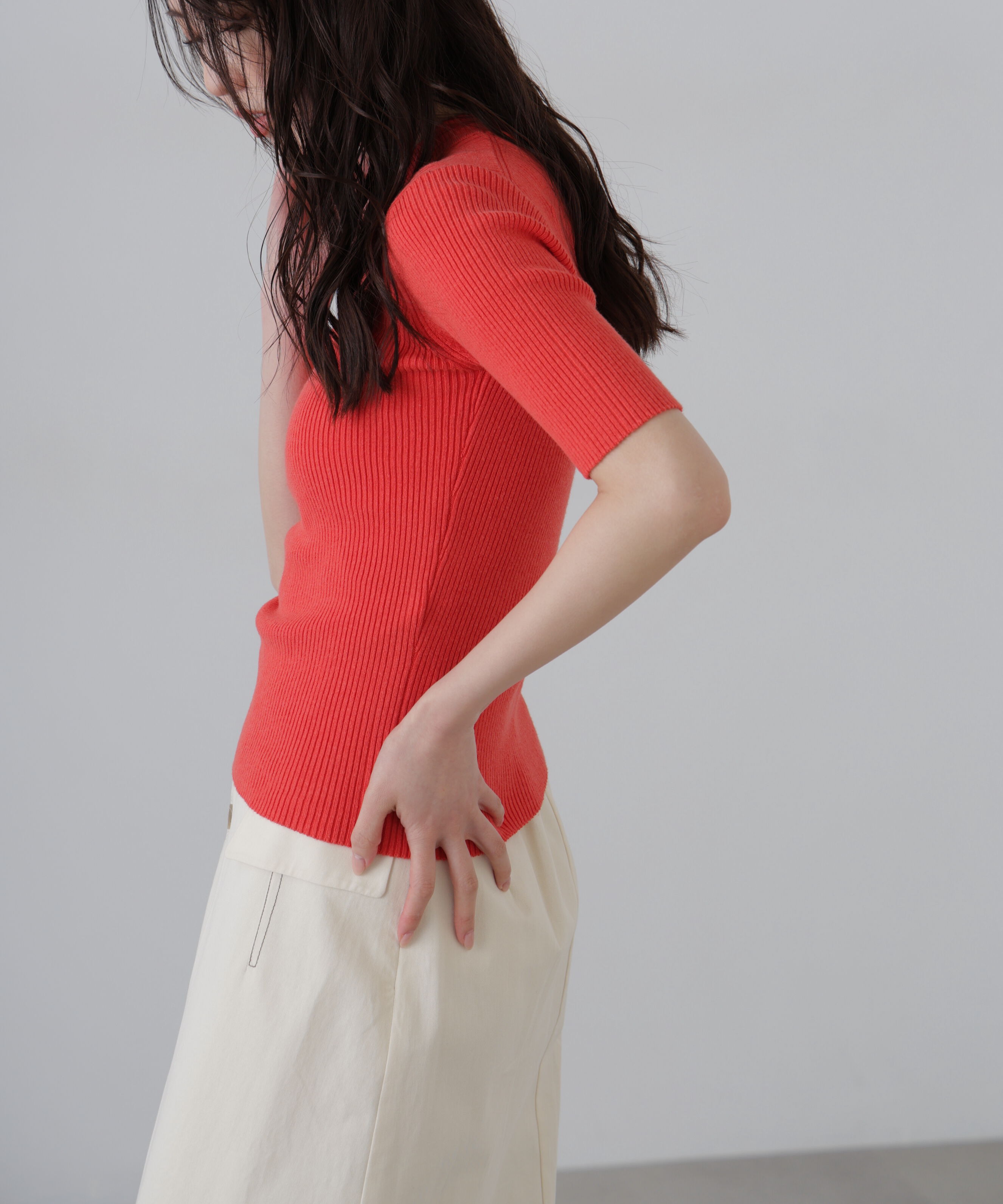  「〈洗える〉マシンウォッシャブルリブハイネック5分袖ニット」|ニット・セーター|