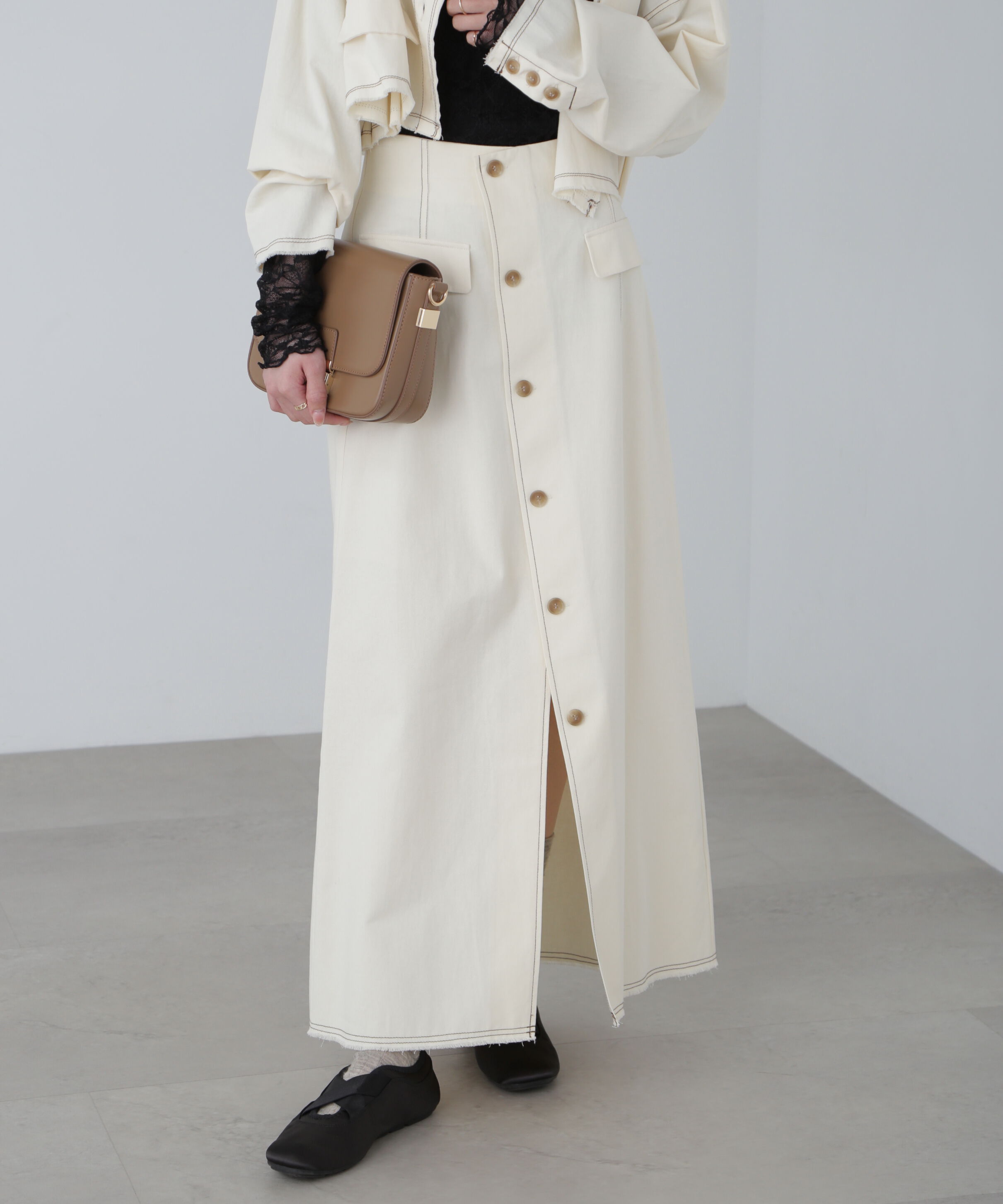  「〈セットアップ対応〉アクセントボタンフレアスカート」|スカート|