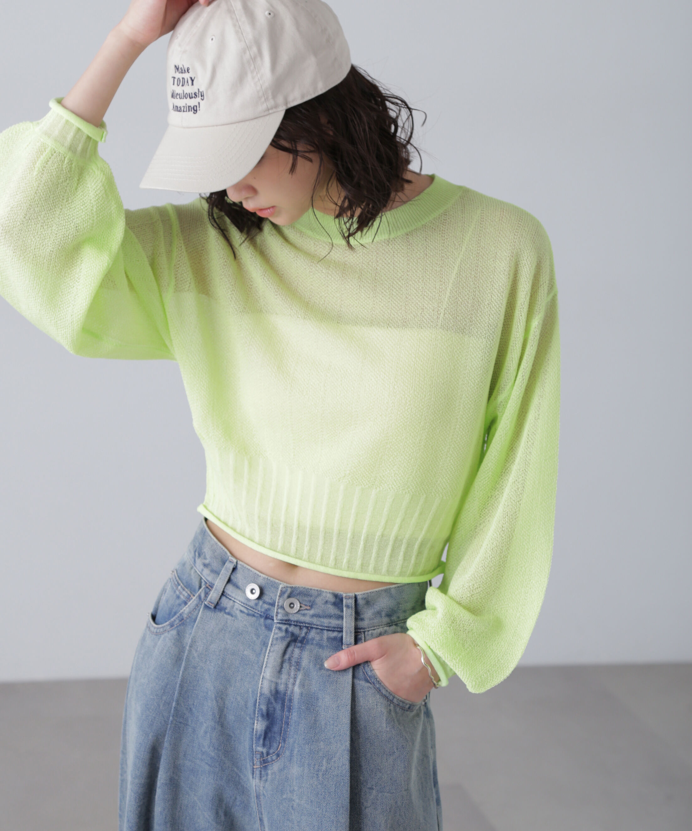  「シアーストライプニット」|ニット・セーター|ライトグリー