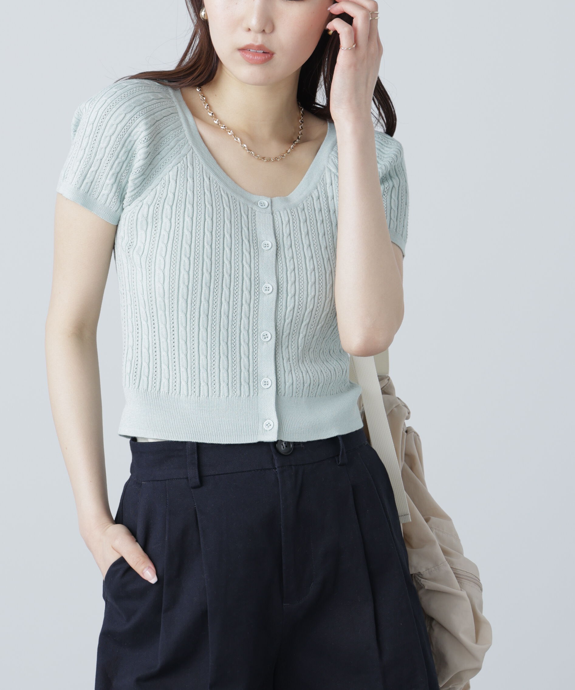  「ミニケーブルショートカーディガン」|ニット・セーター|ミントブルー