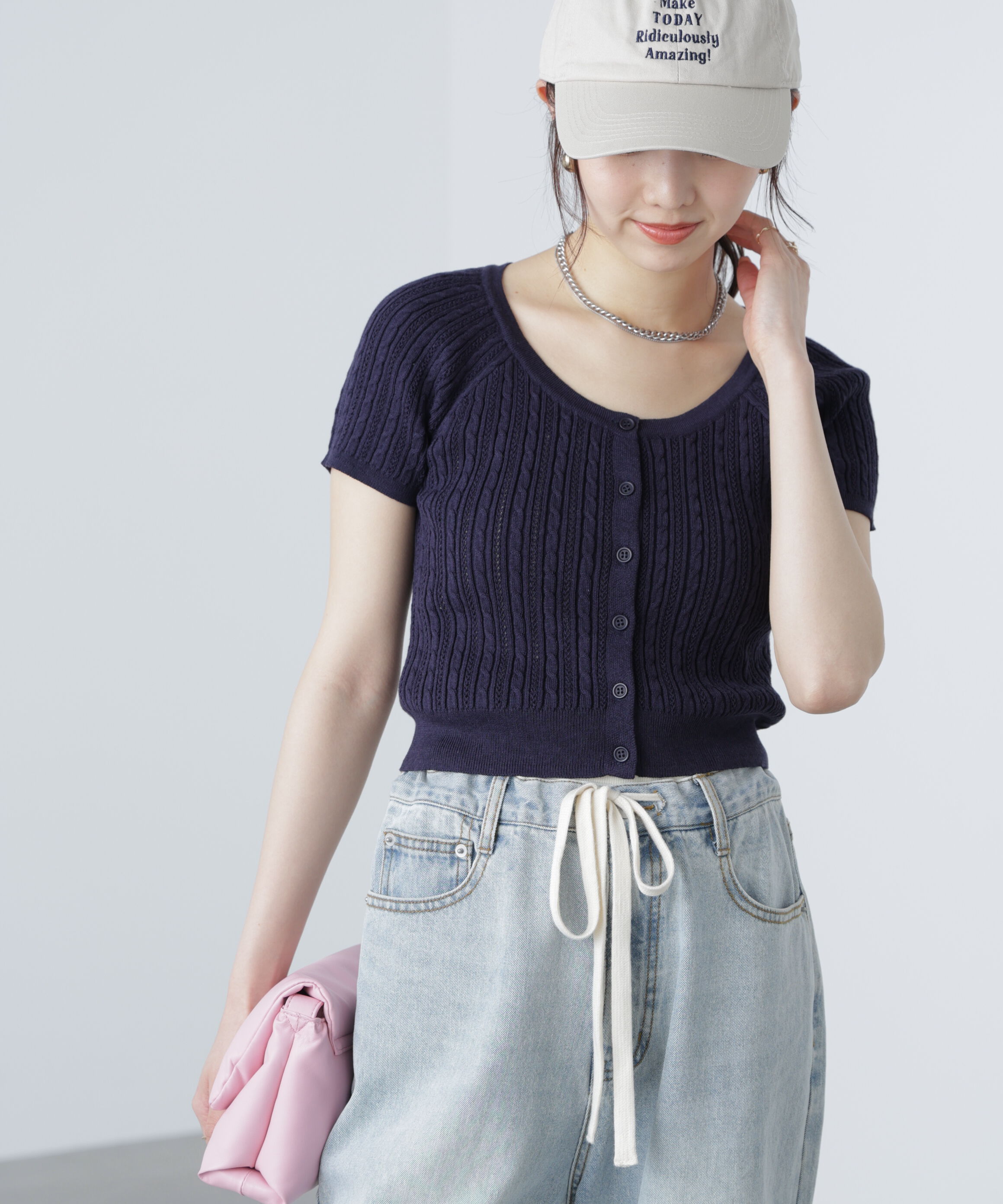  「ミニケーブルショートカーディガン」|ニット・セーター|ネイビー