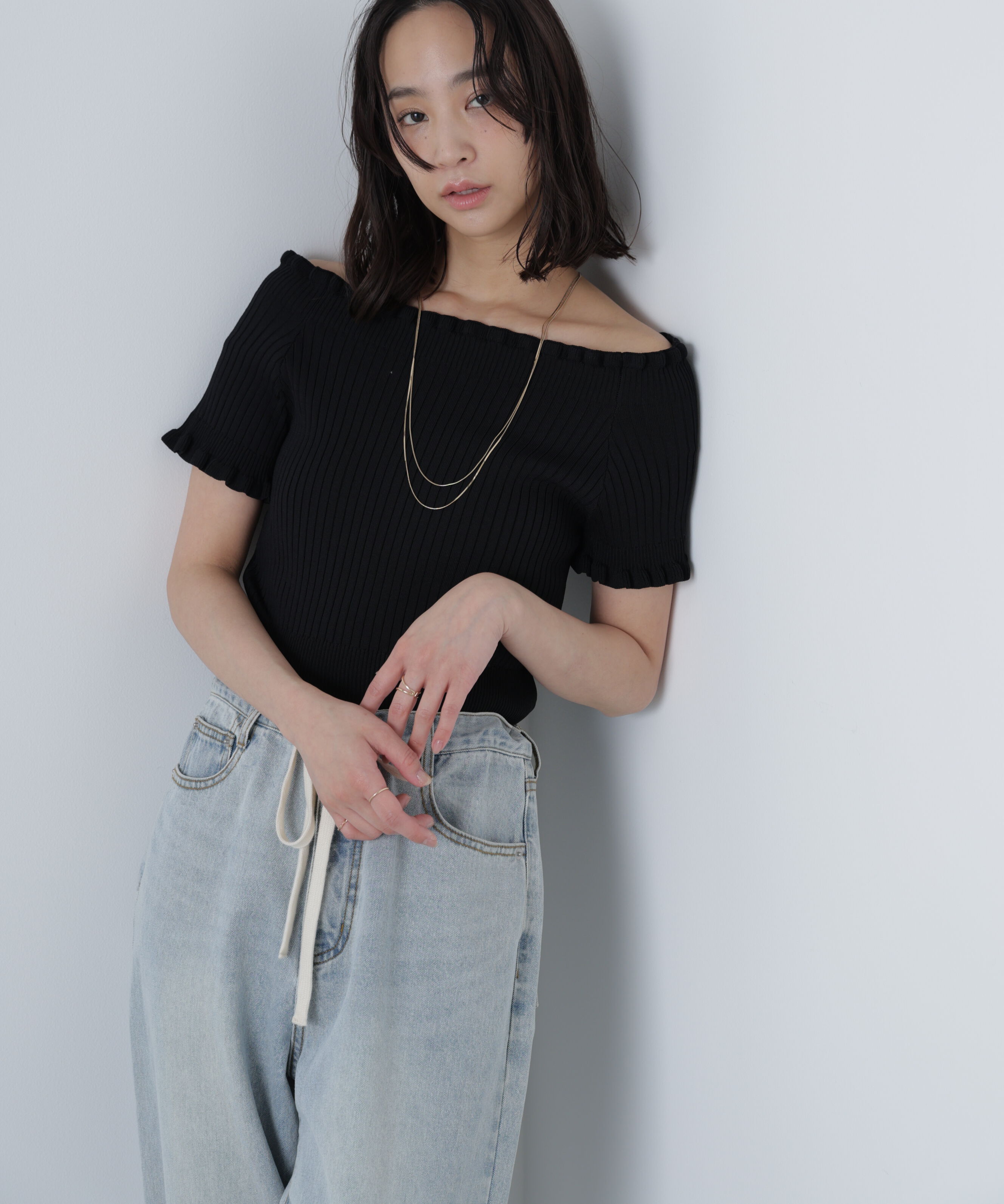  「2wayオフショルフリルリブ半袖ニット」|ニット・セーター|