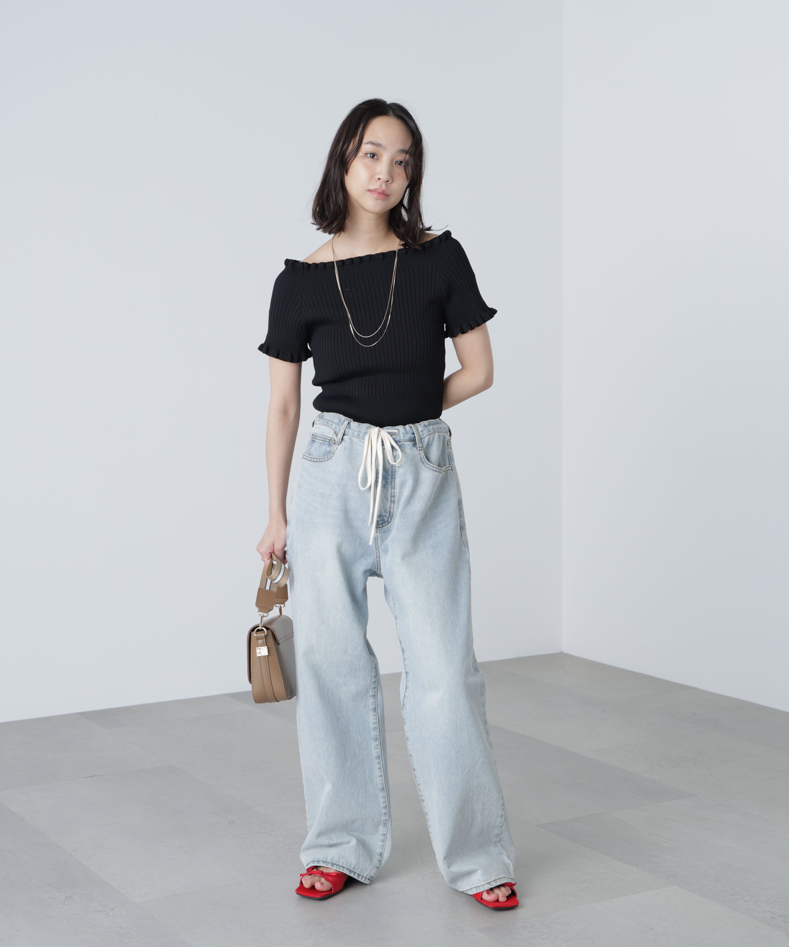  「2wayオフショルフリルリブ半袖ニット」|ニット・セーター|