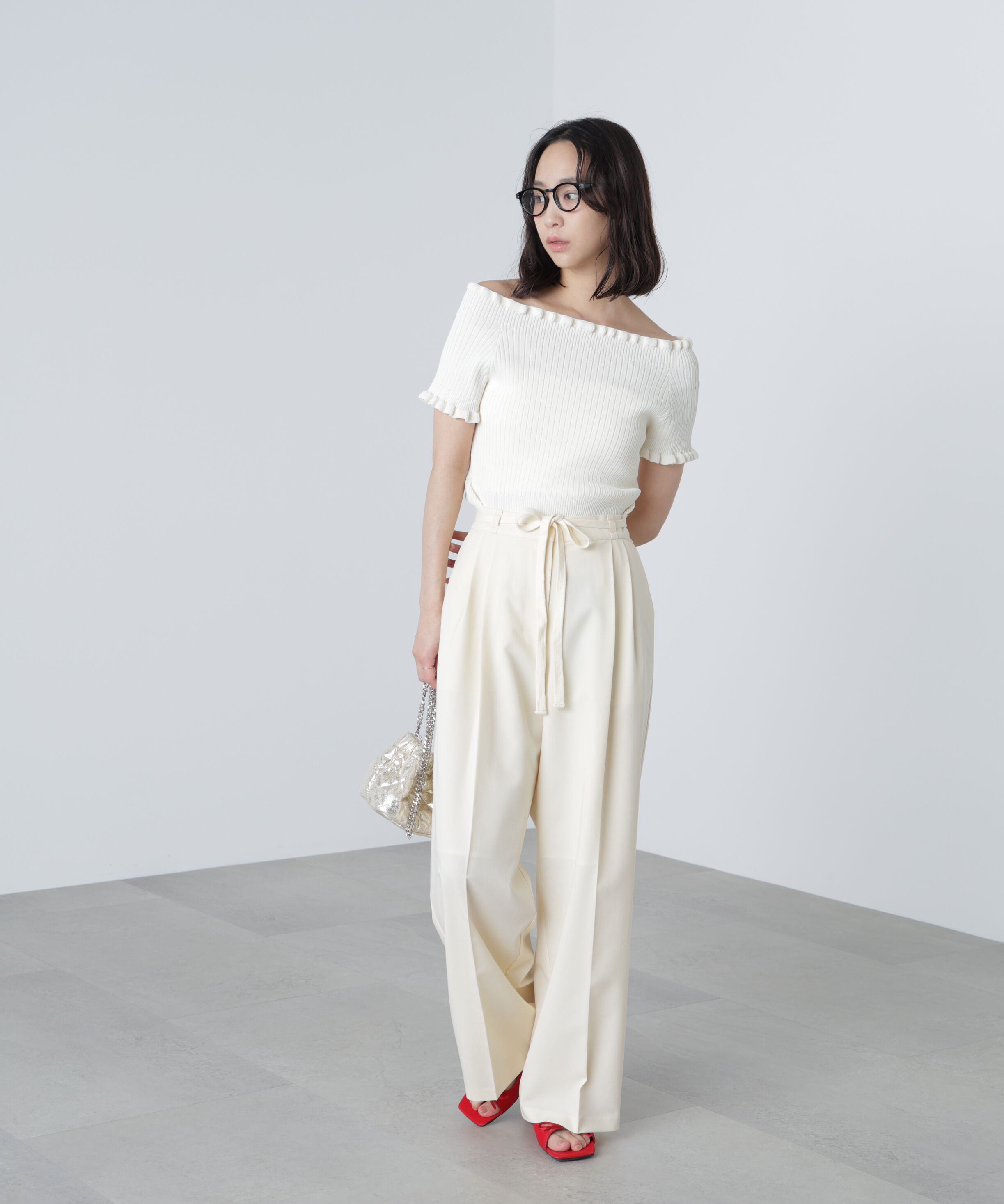  「2wayオフショルフリルリブ半袖ニット」|ニット・セーター|