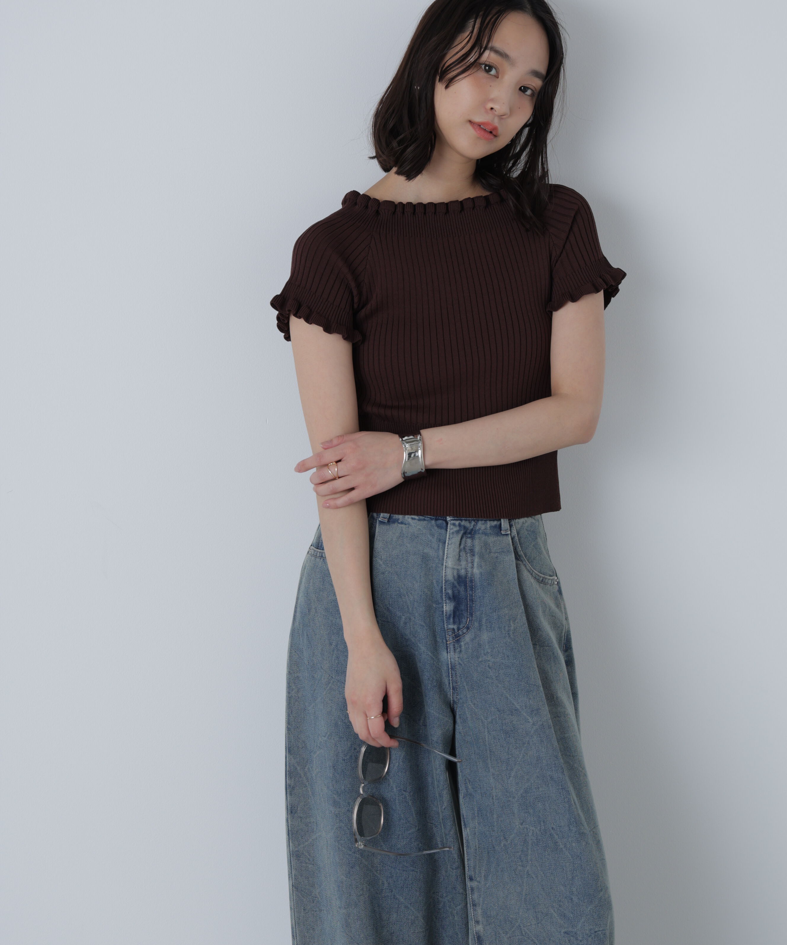  「2wayオフショルフリルリブ半袖ニット」|ニット・セーター|