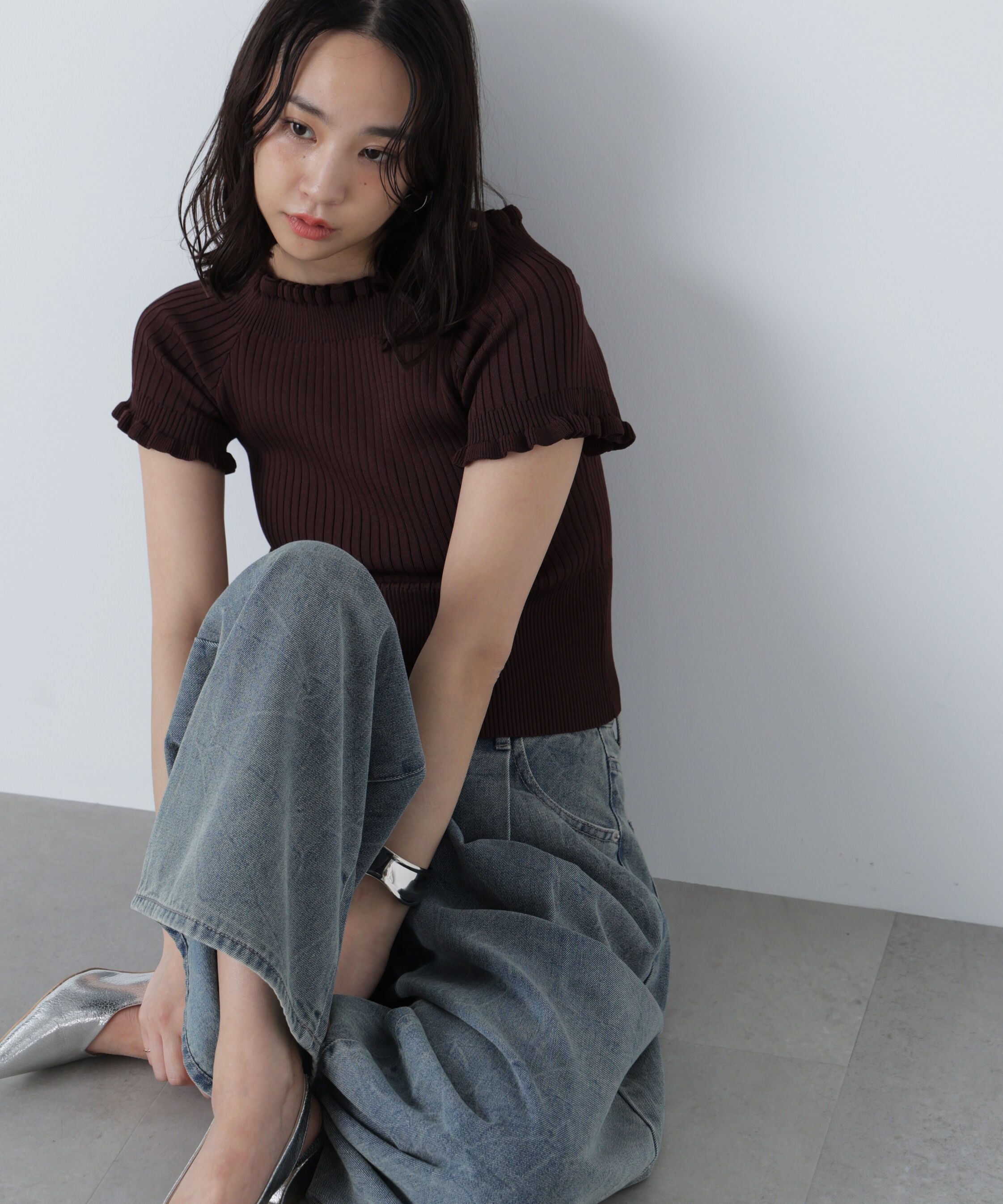  「2wayオフショルフリルリブ半袖ニット」|ニット・セーター|