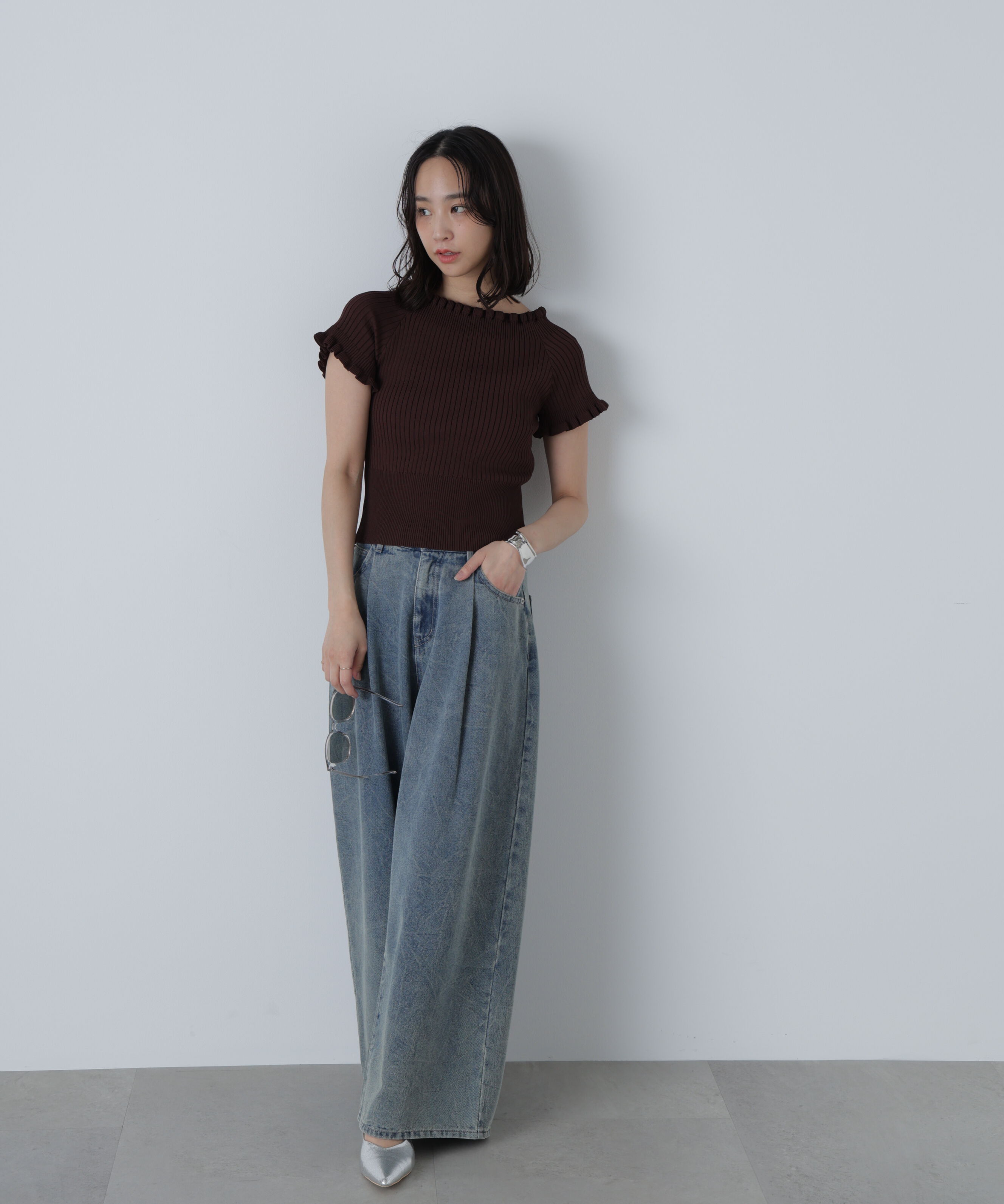  「2wayオフショルフリルリブ半袖ニット」|ニット・セーター|