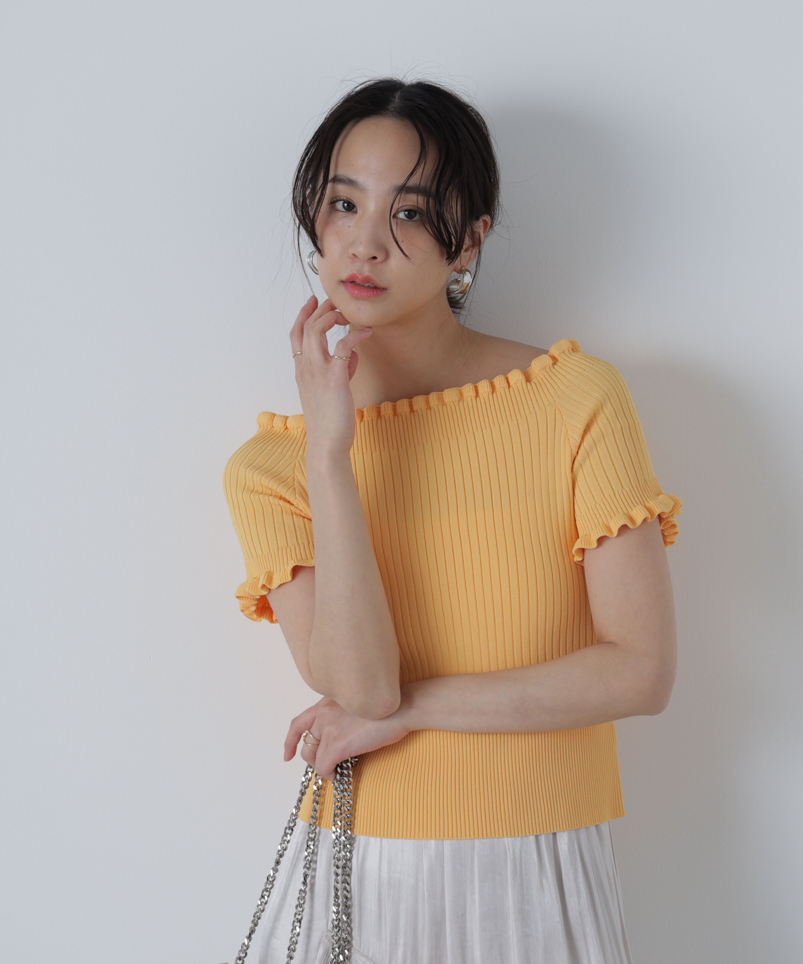  「2wayオフショルフリルリブ半袖ニット」|ニット・セーター|