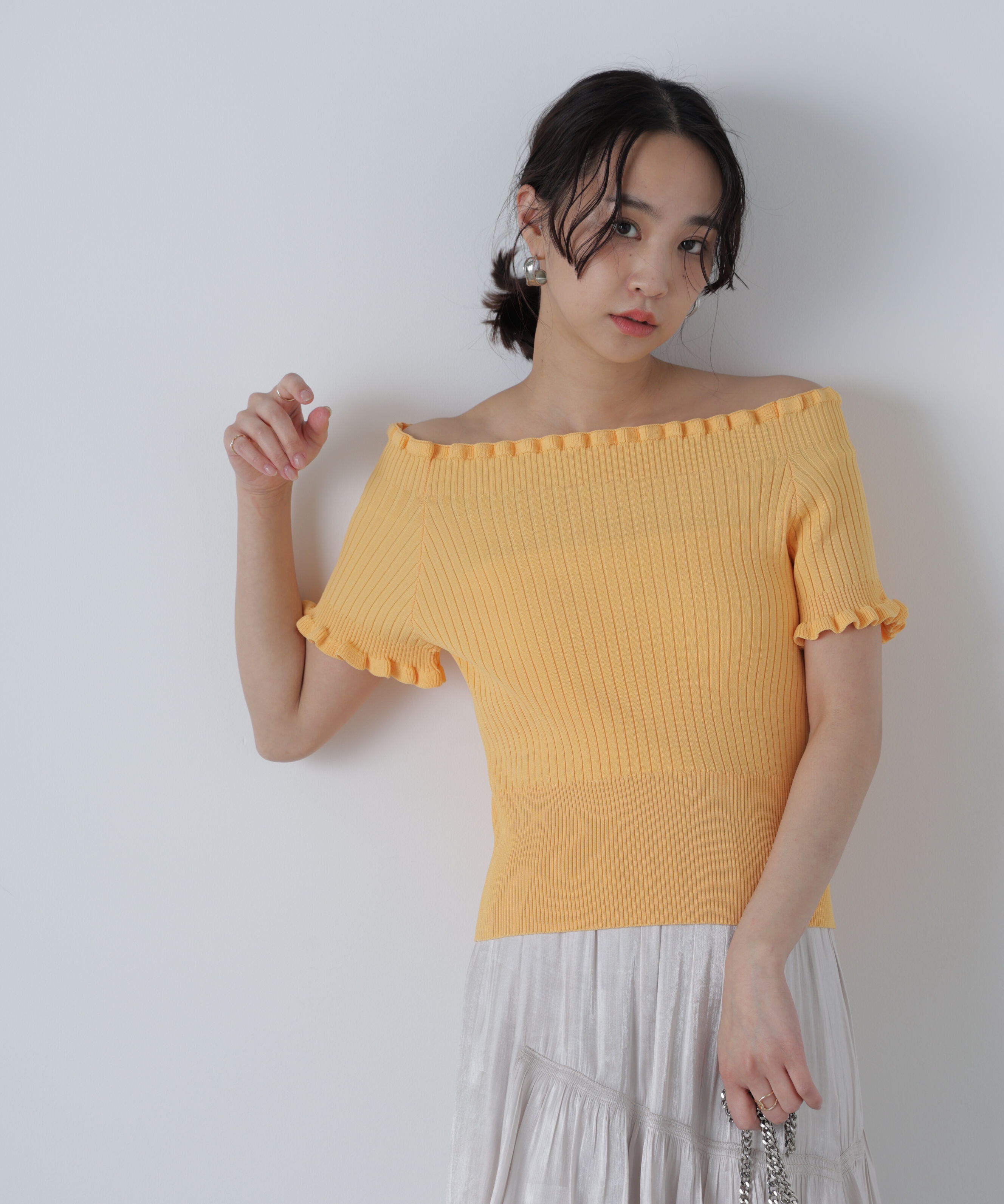  「2wayオフショルフリルリブ半袖ニット」|ニット・セーター|