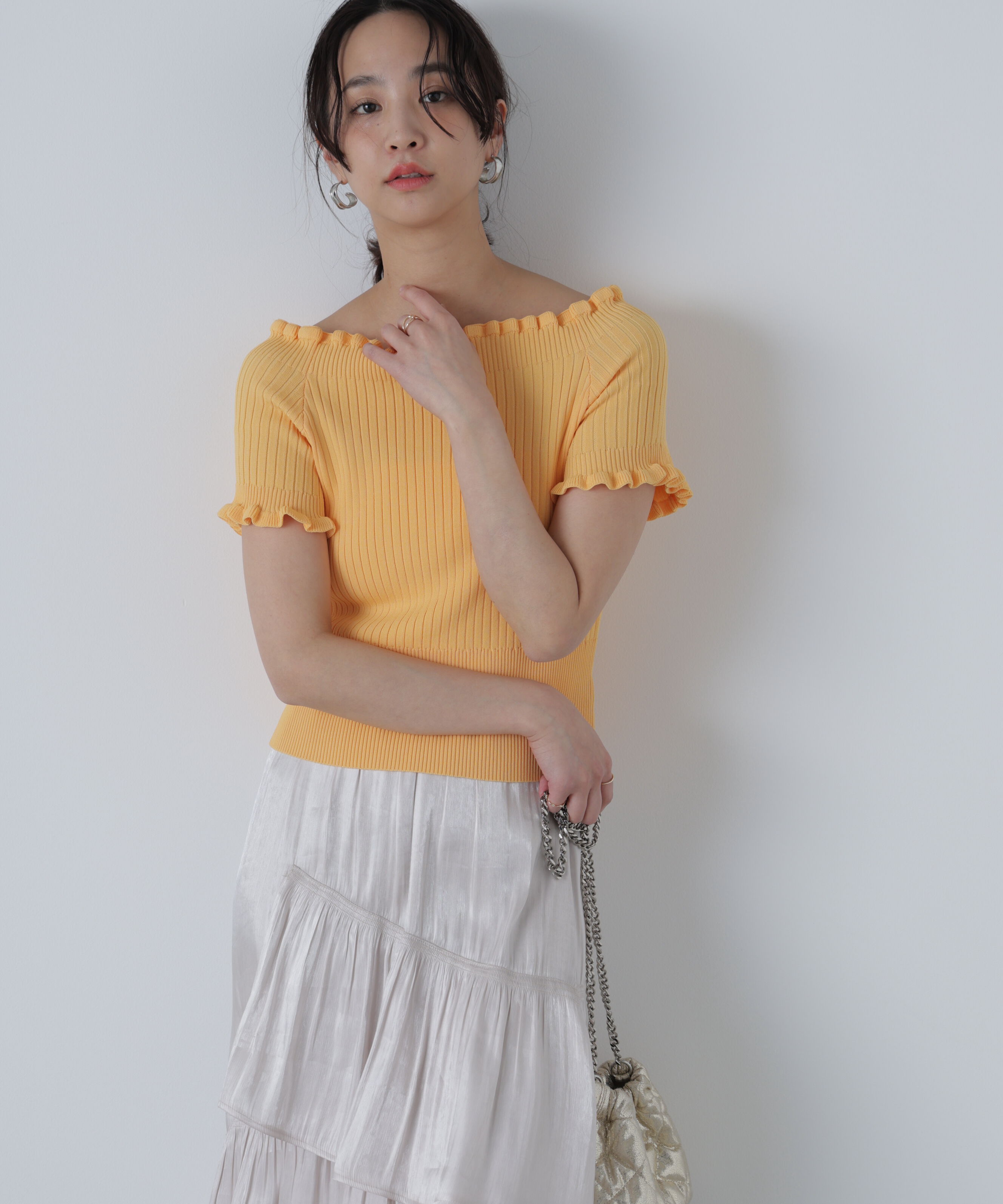  「2wayオフショルフリルリブ半袖ニット」|ニット・セーター|
