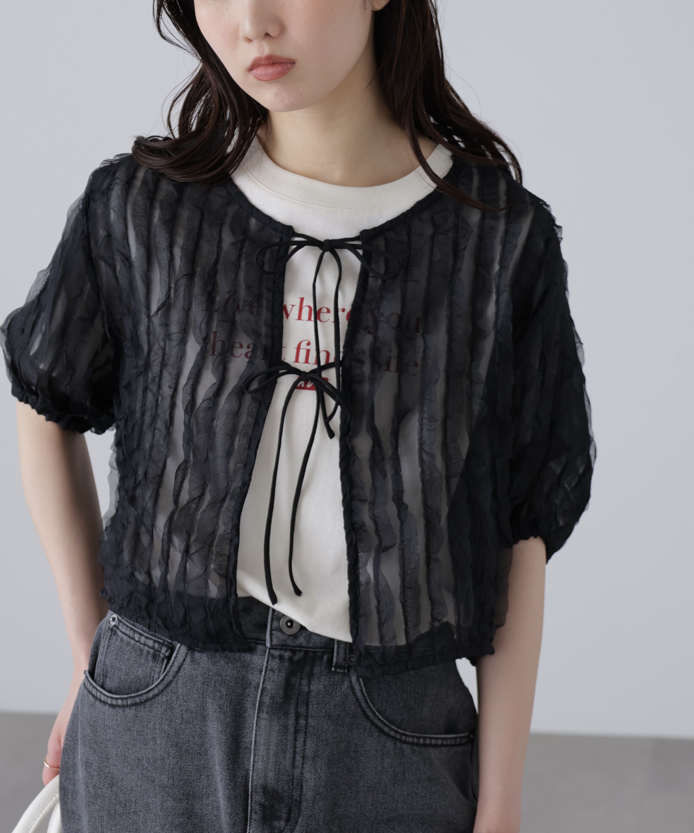  「シアーフリルフロントリボンブラウス」|シャツ・ブラウス|