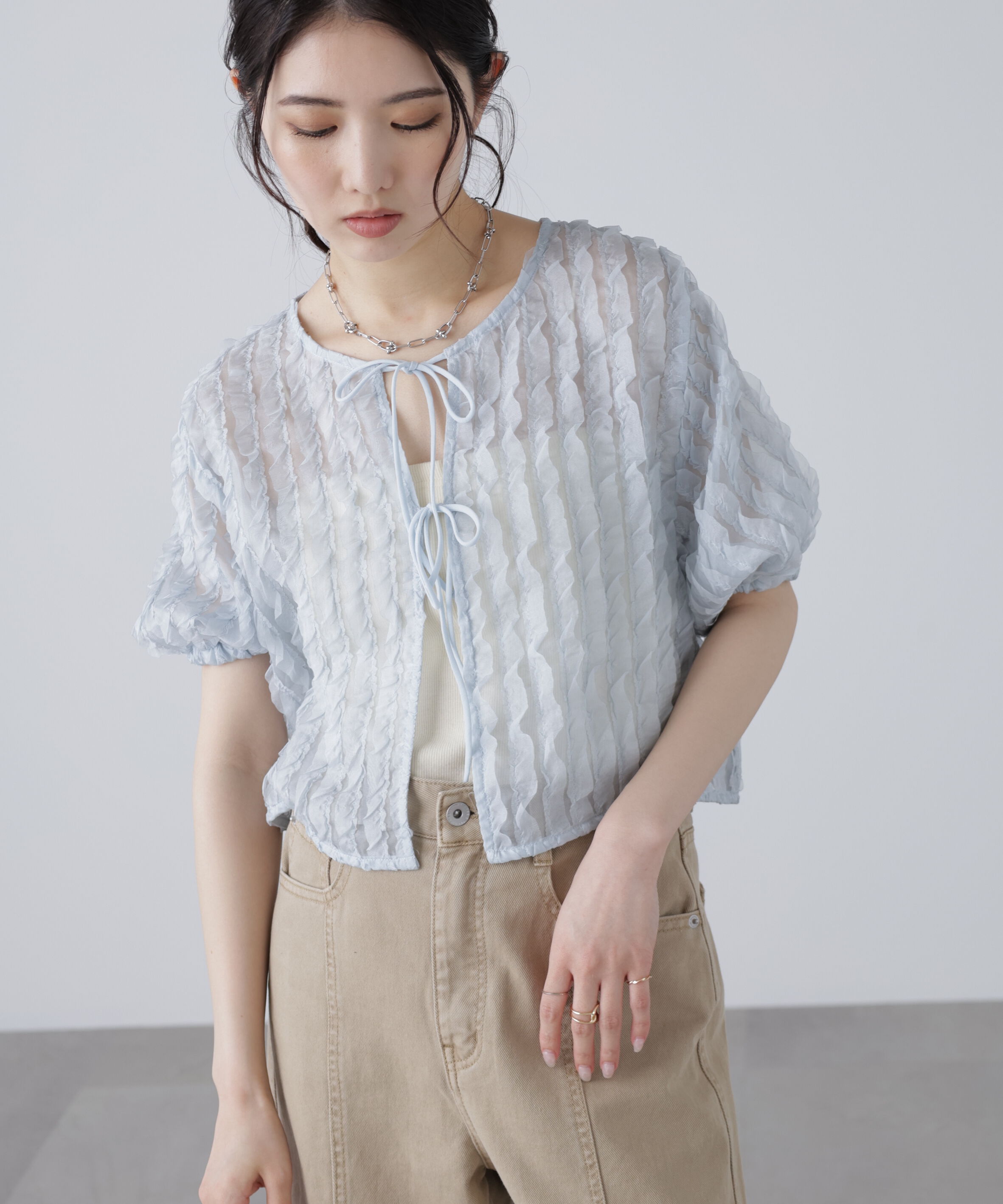  「シアーフリルフロントリボンブラウス」|シャツ・ブラウス|