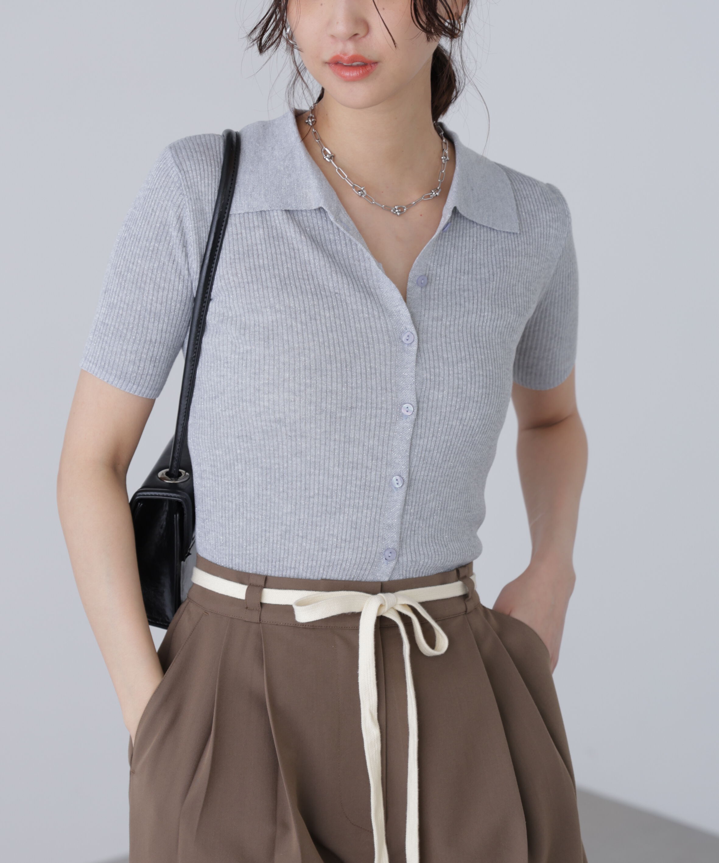  「衿付きラメニットカーディガン」|ニット・セーター|グレー