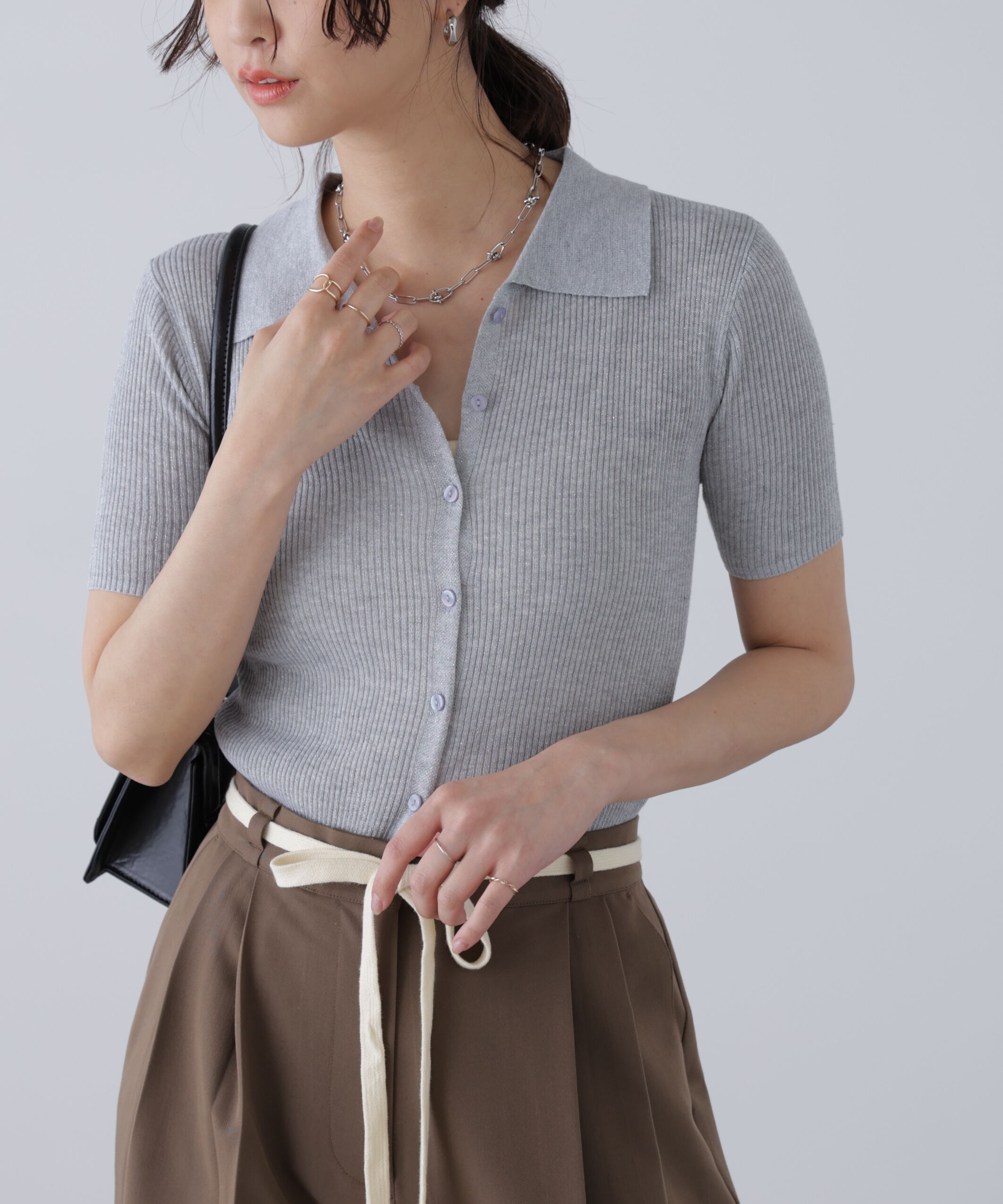  「衿付きラメニットカーディガン」|ニット・セーター|