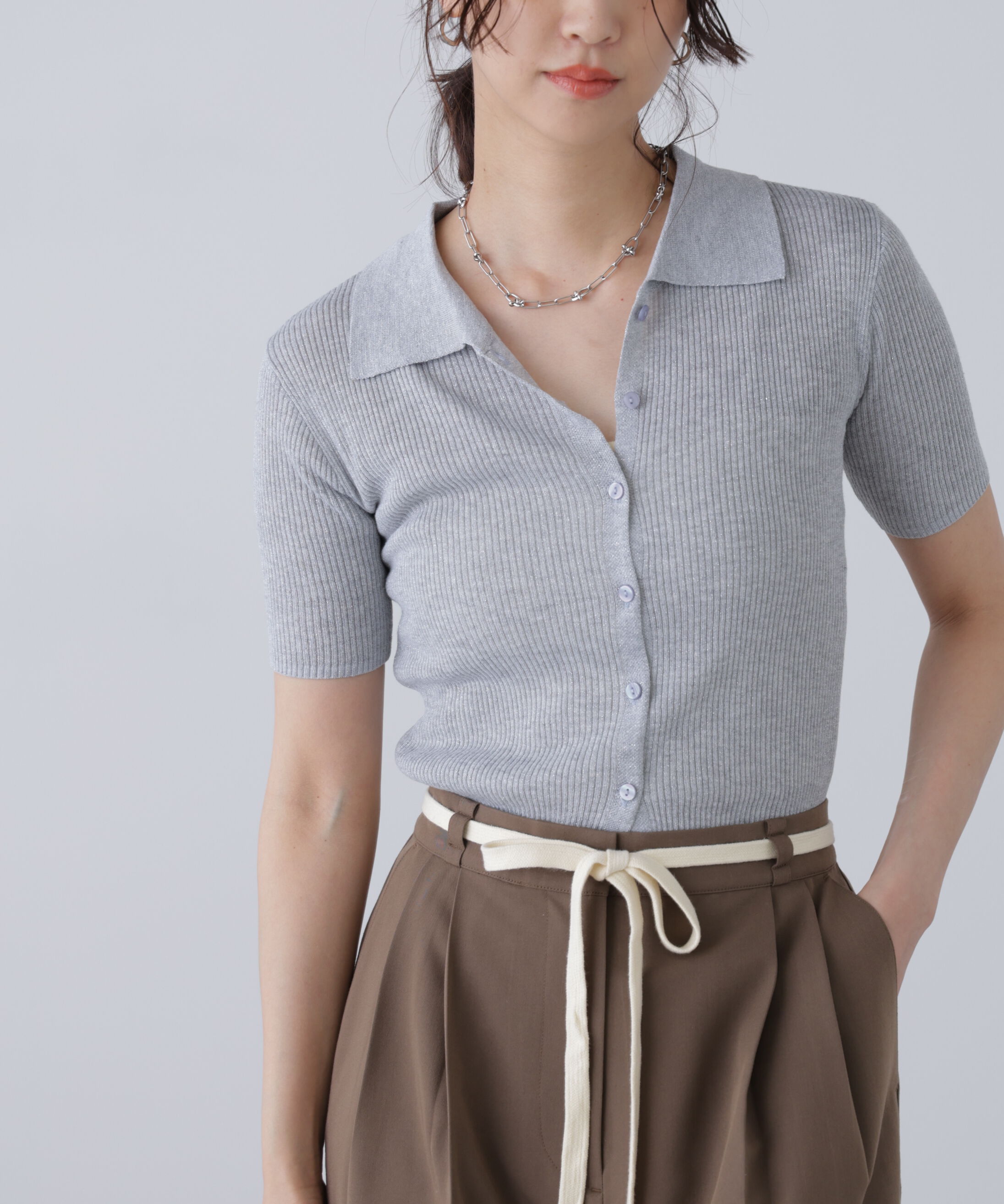  「衿付きラメニットカーディガン」|ニット・セーター|