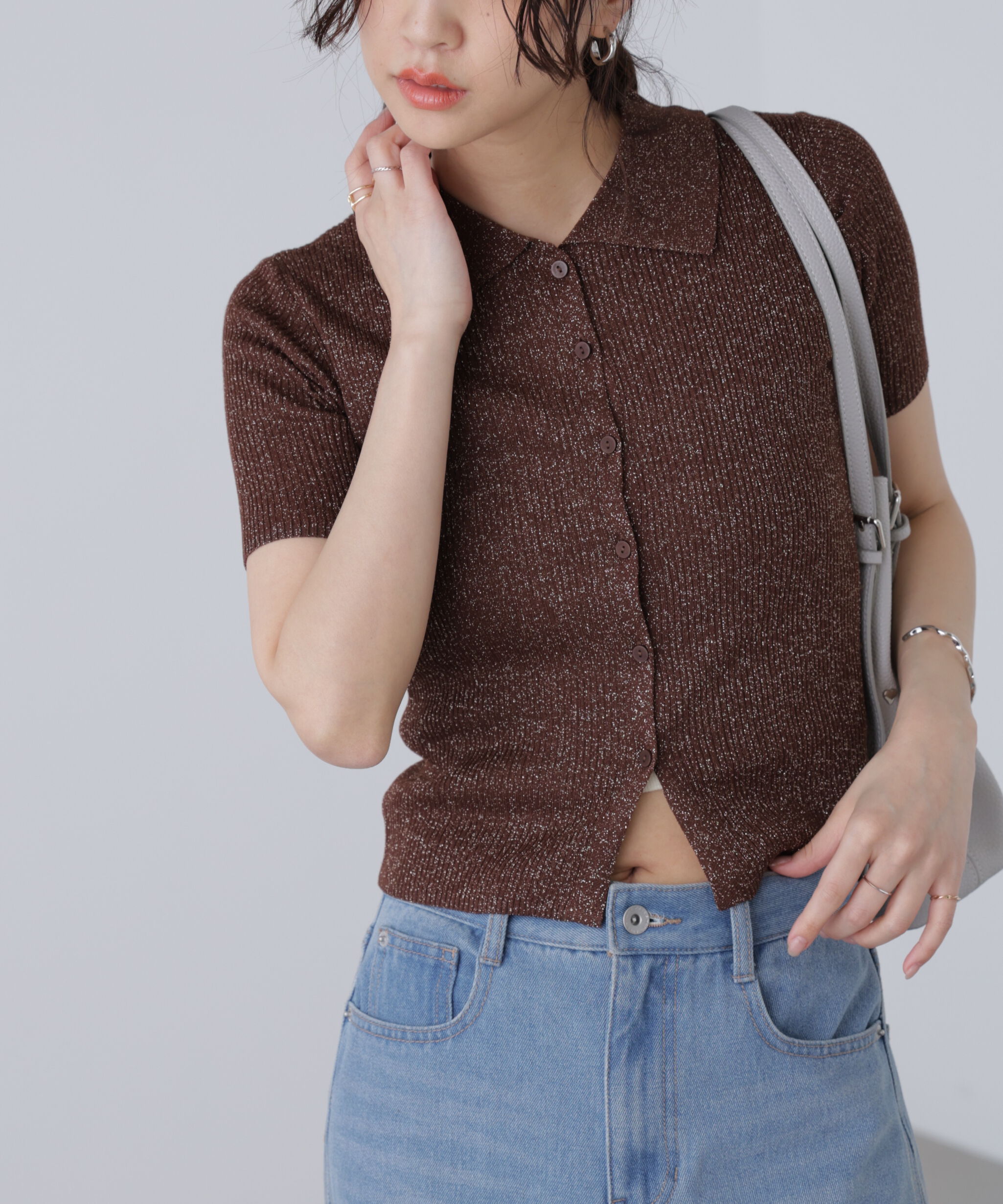  「衿付きラメニットカーディガン」|ニット・セーター|