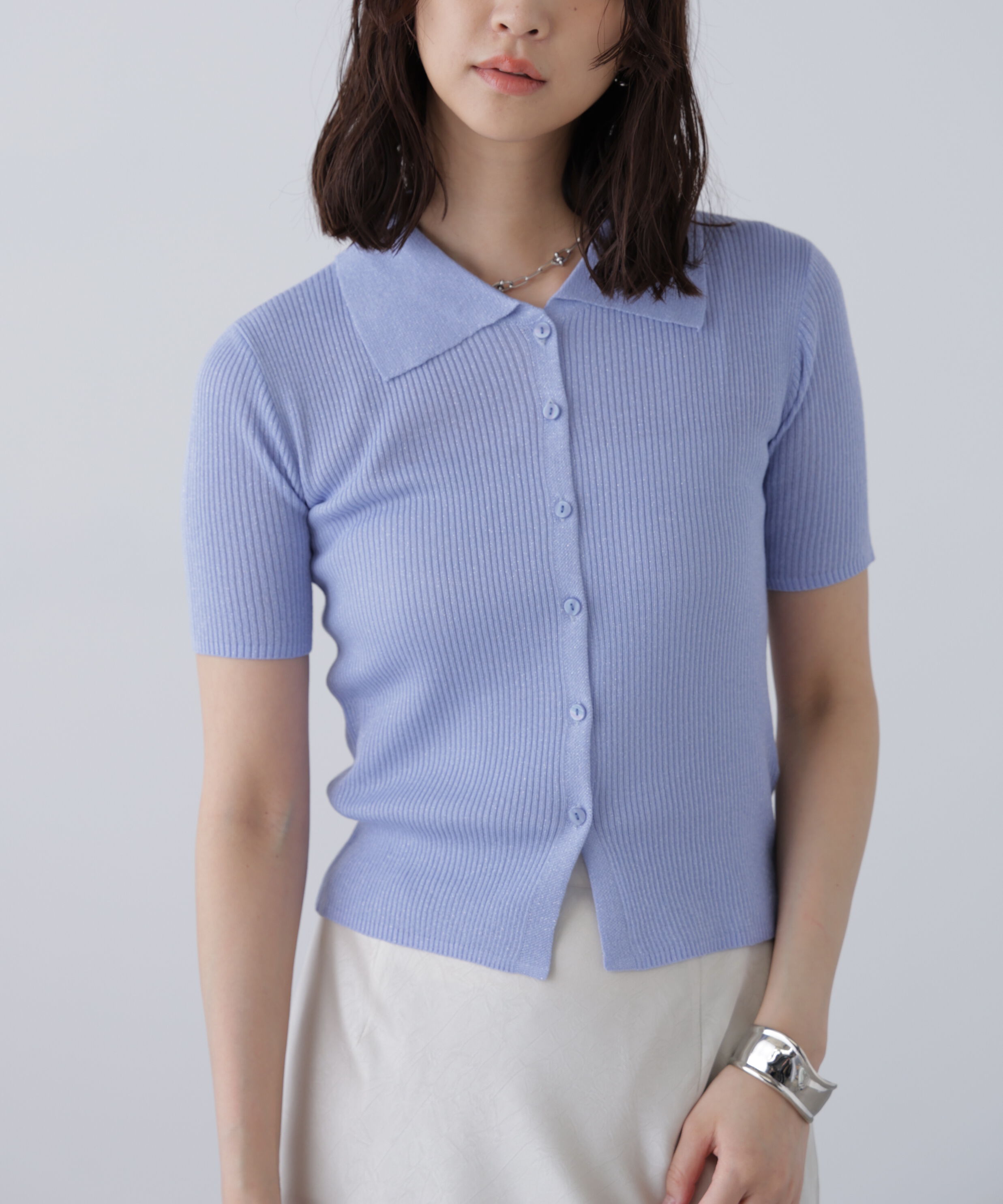  「衿付きラメニットカーディガン」|ニット・セーター|