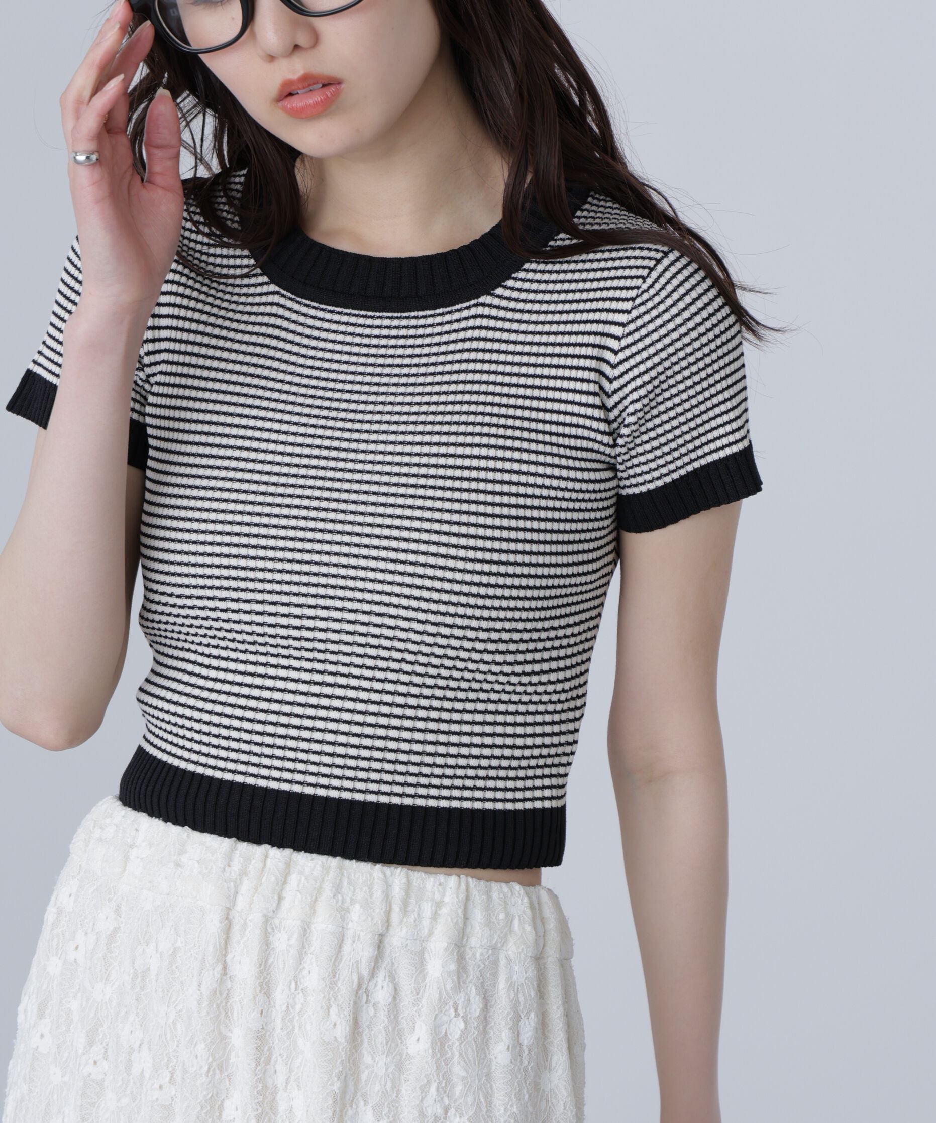  「ショート丈クルーネックリブニット」|ニット・セーター|ボーダー1