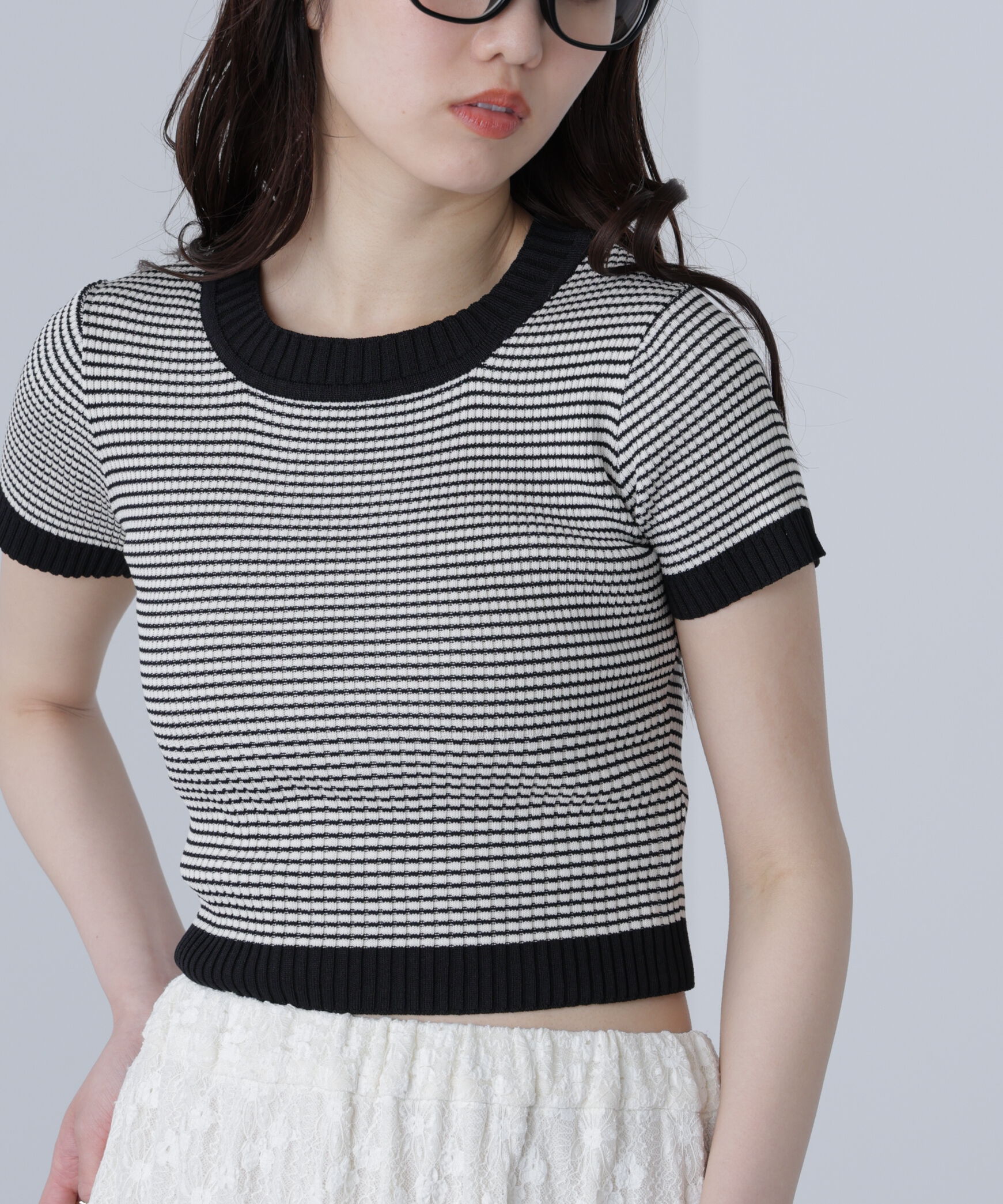  「ショート丈クルーネックリブニット」|ニット・セーター|