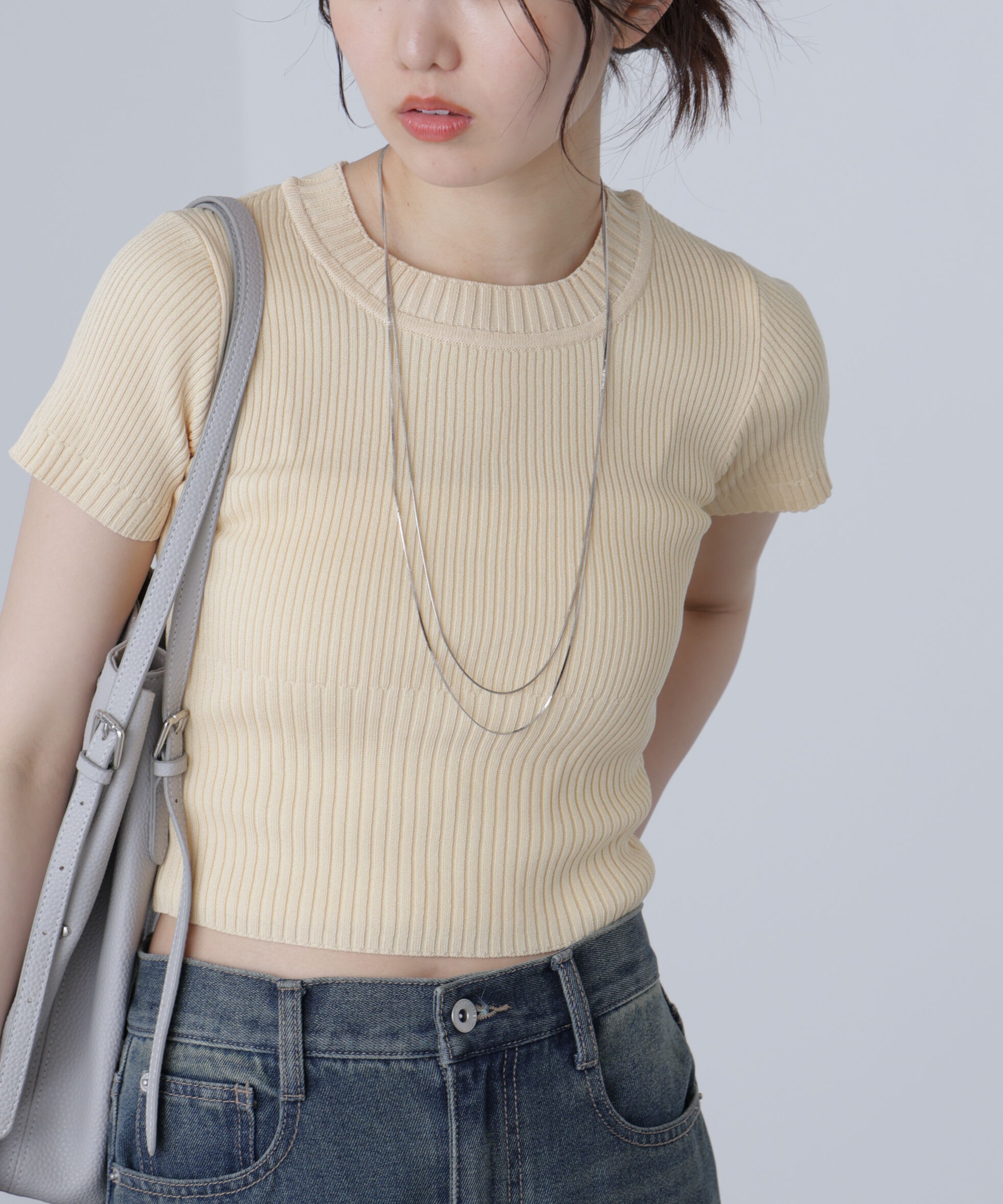  「ショート丈クルーネックリブニット」|ニット・セーター|