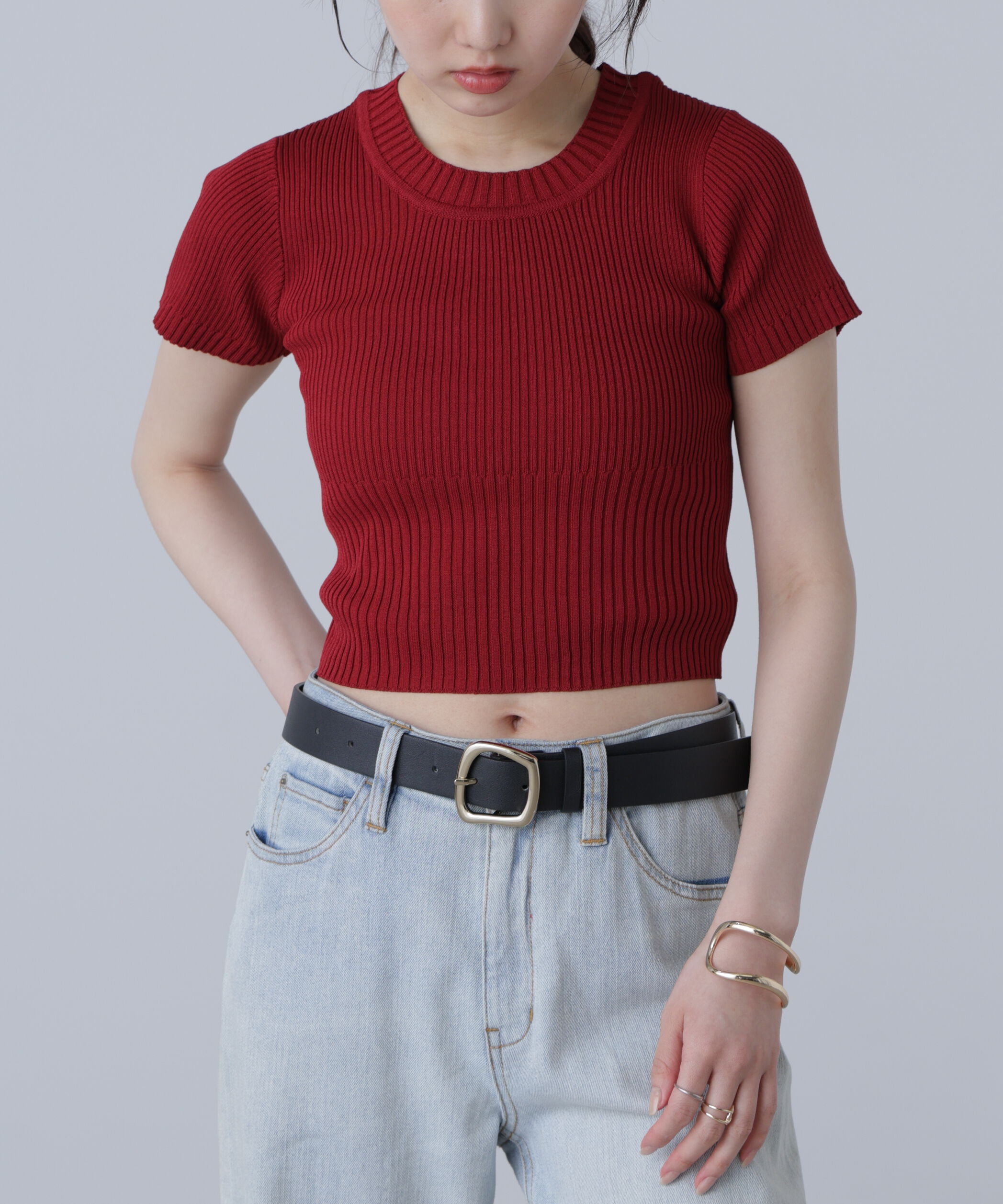  「ショート丈クルーネックリブニット」|ニット・セーター|