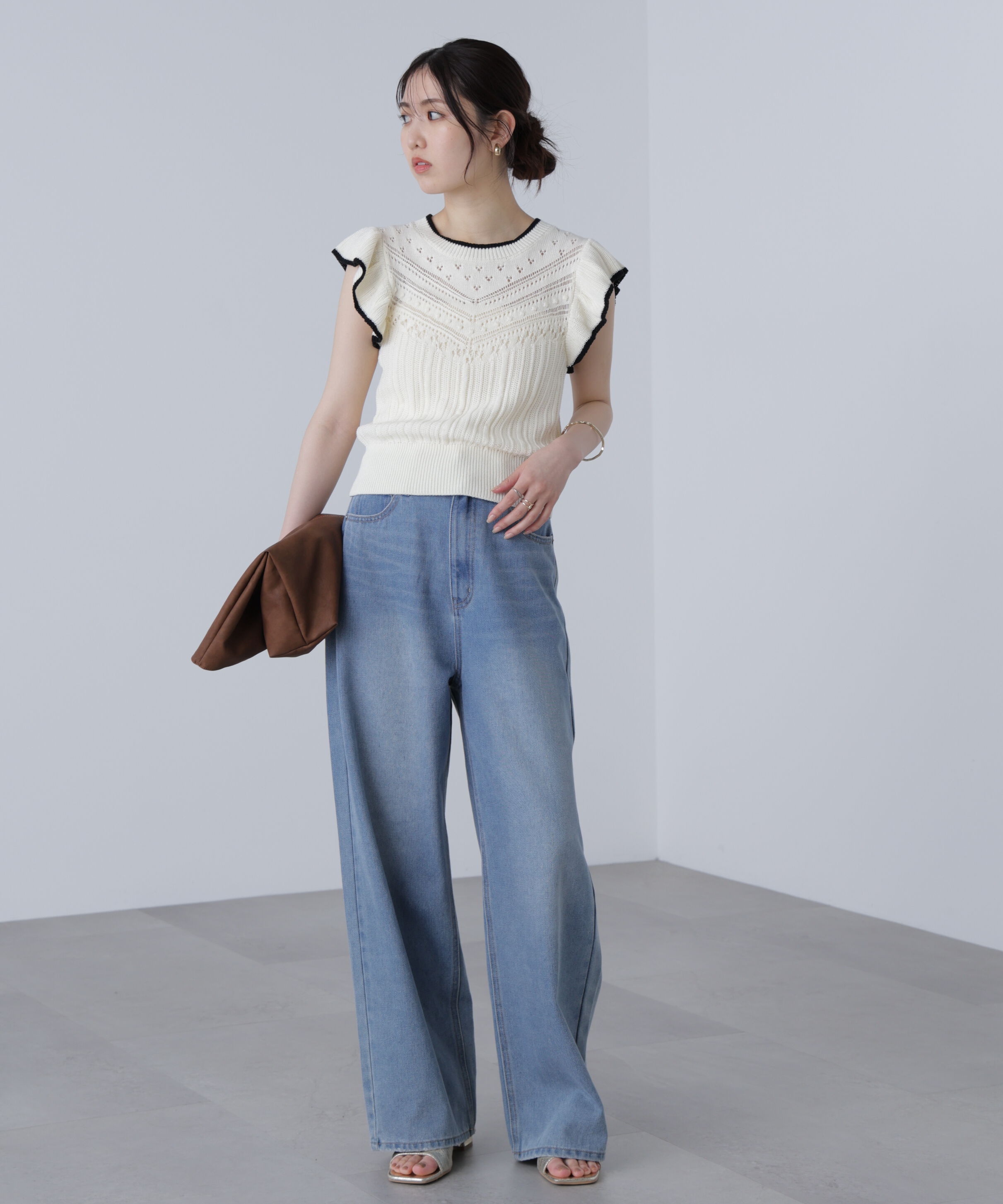  「肩フリル編地切り替えニット」|ニット・セーター|