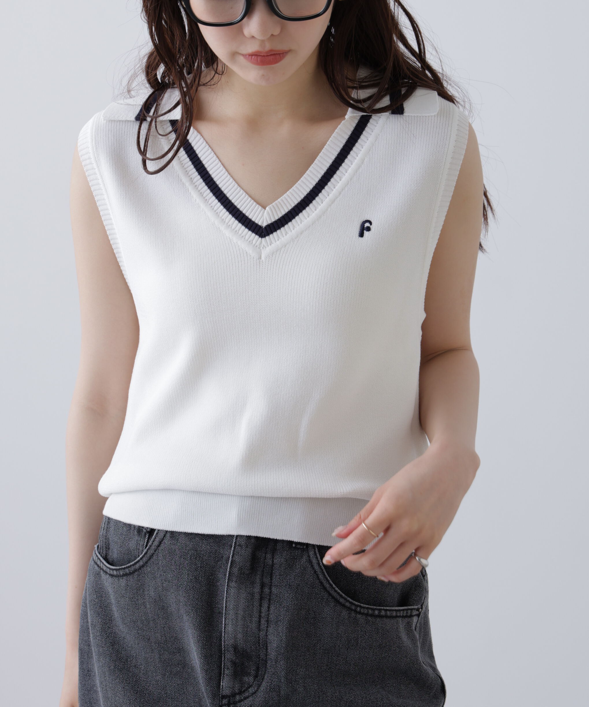  「Vネックポロノースリーブニット」|ニット・セーター|
