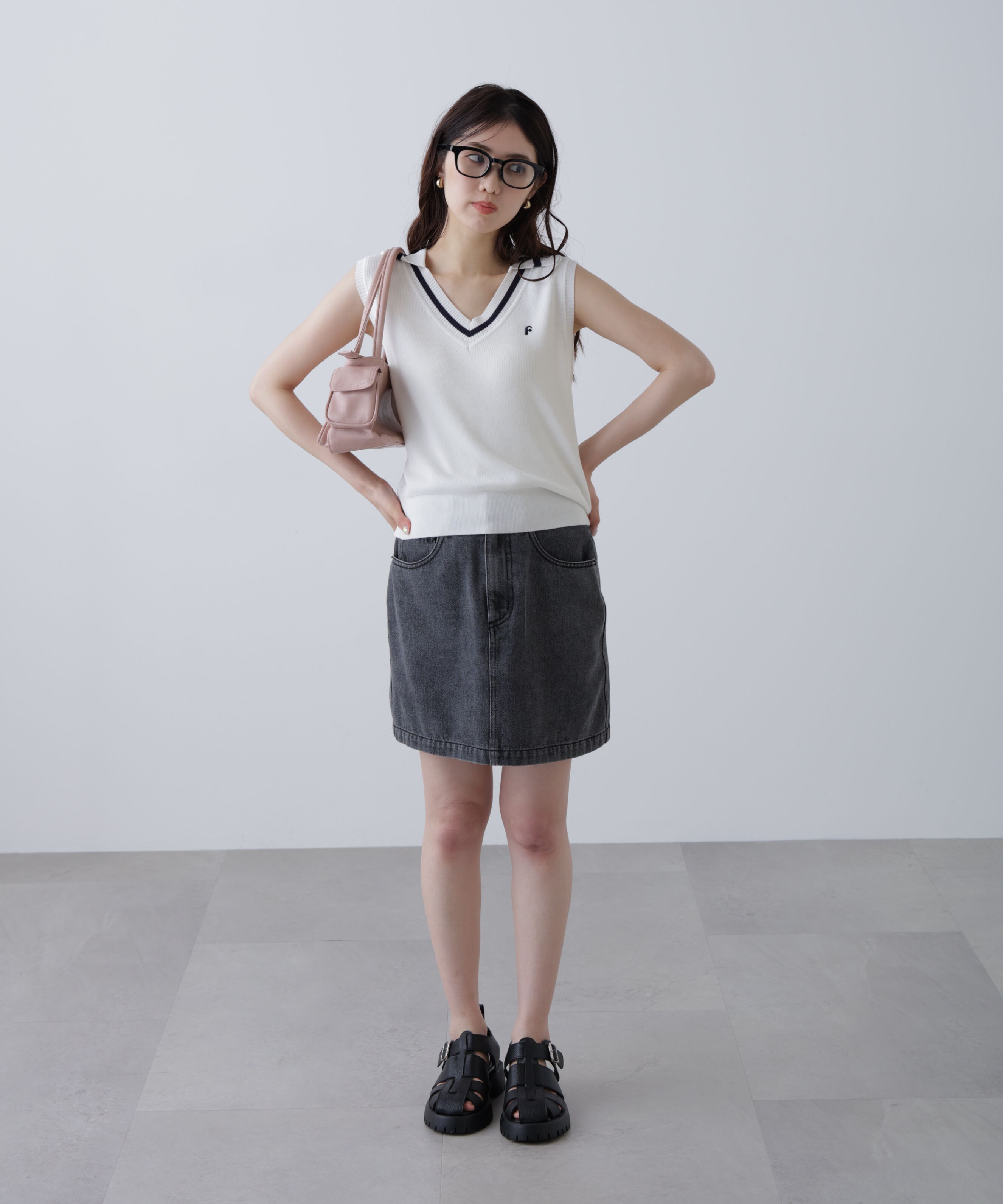  「Vネックポロノースリーブニット」|ニット・セーター|