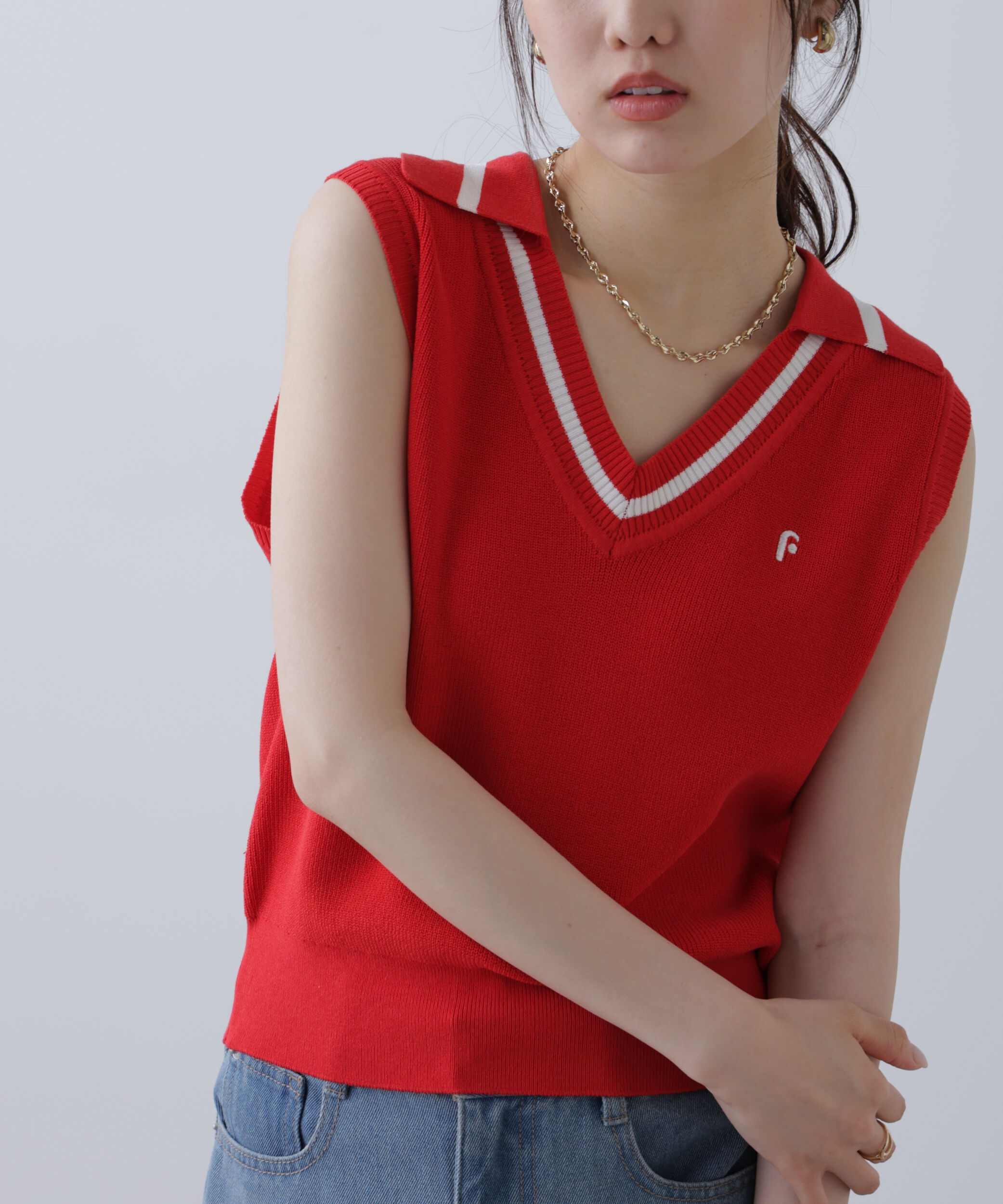 「Vネックポロノースリーブニット」|ニット・セーター|レッド