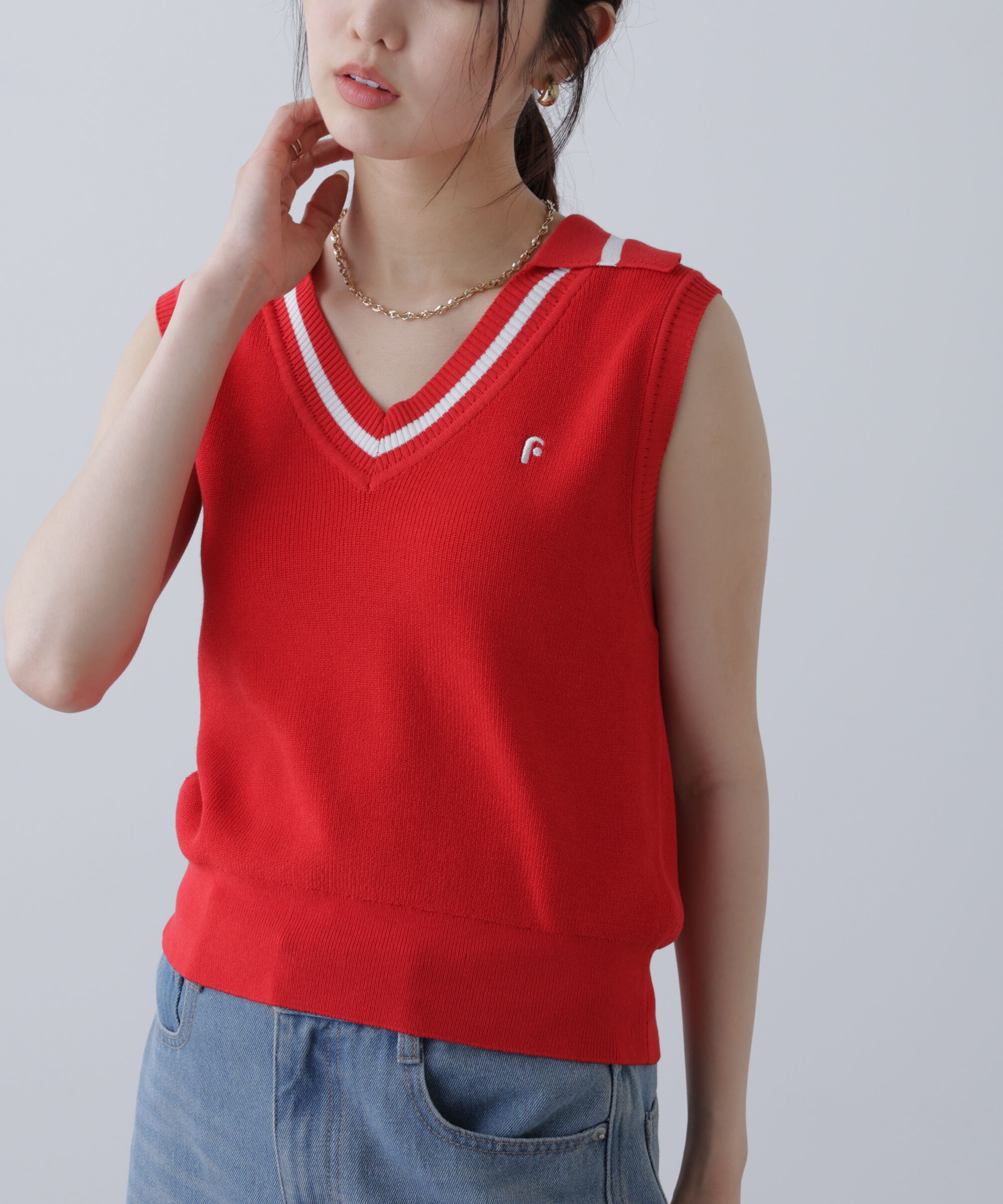  「Vネックポロノースリーブニット」|ニット・セーター|